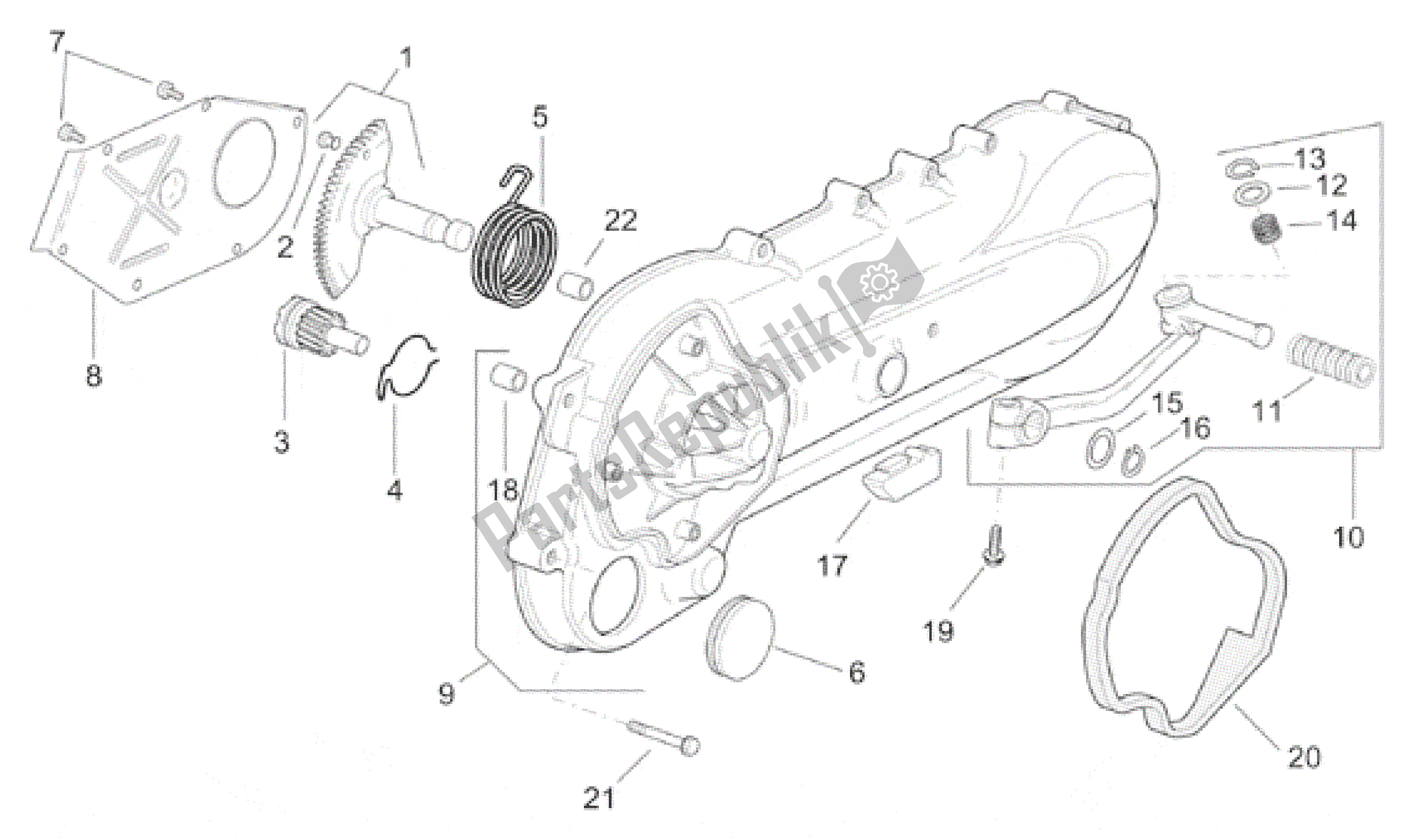 Alle onderdelen voor de Koppeling Zijafdekking - K-start Ass. Gear van de Aprilia SR 150 1999 - 2001