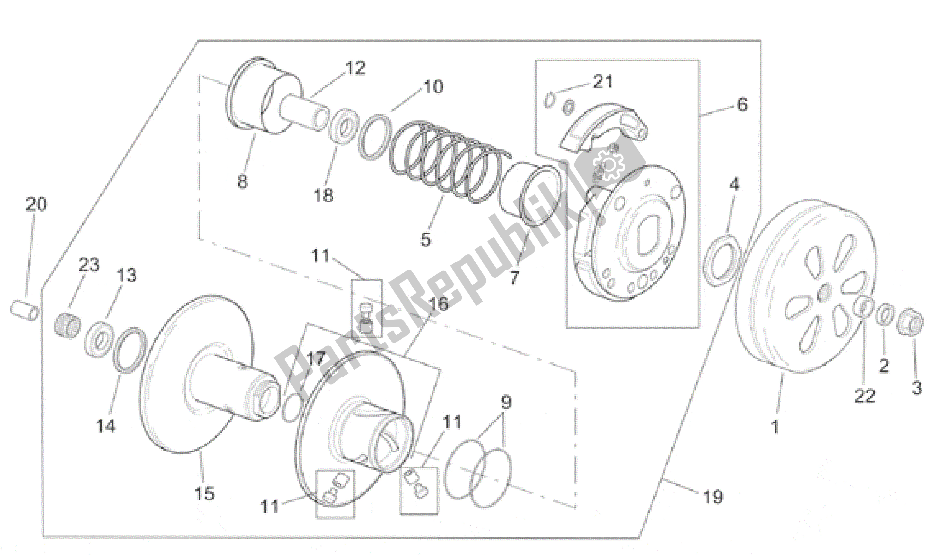 Toutes les pièces pour le Embrayage du Aprilia SR 150 1999 - 2001