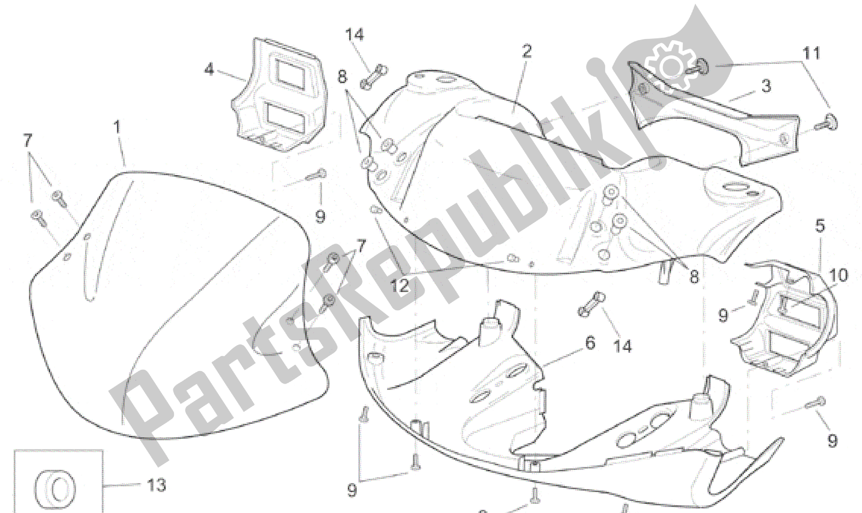 Todas las partes para Cuerpo Frontal - Carenado Frontal I de Aprilia SR 150 1999 - 2001