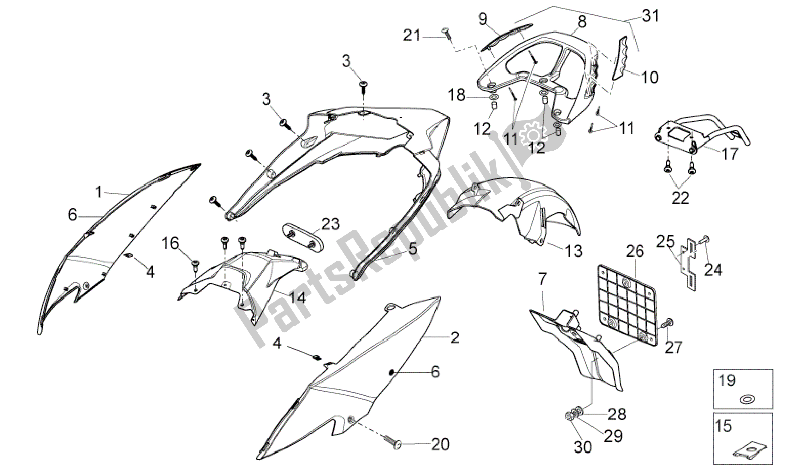 All parts for the Carrocería Trasera of the Aprilia Sport City 50 2008 - 2011