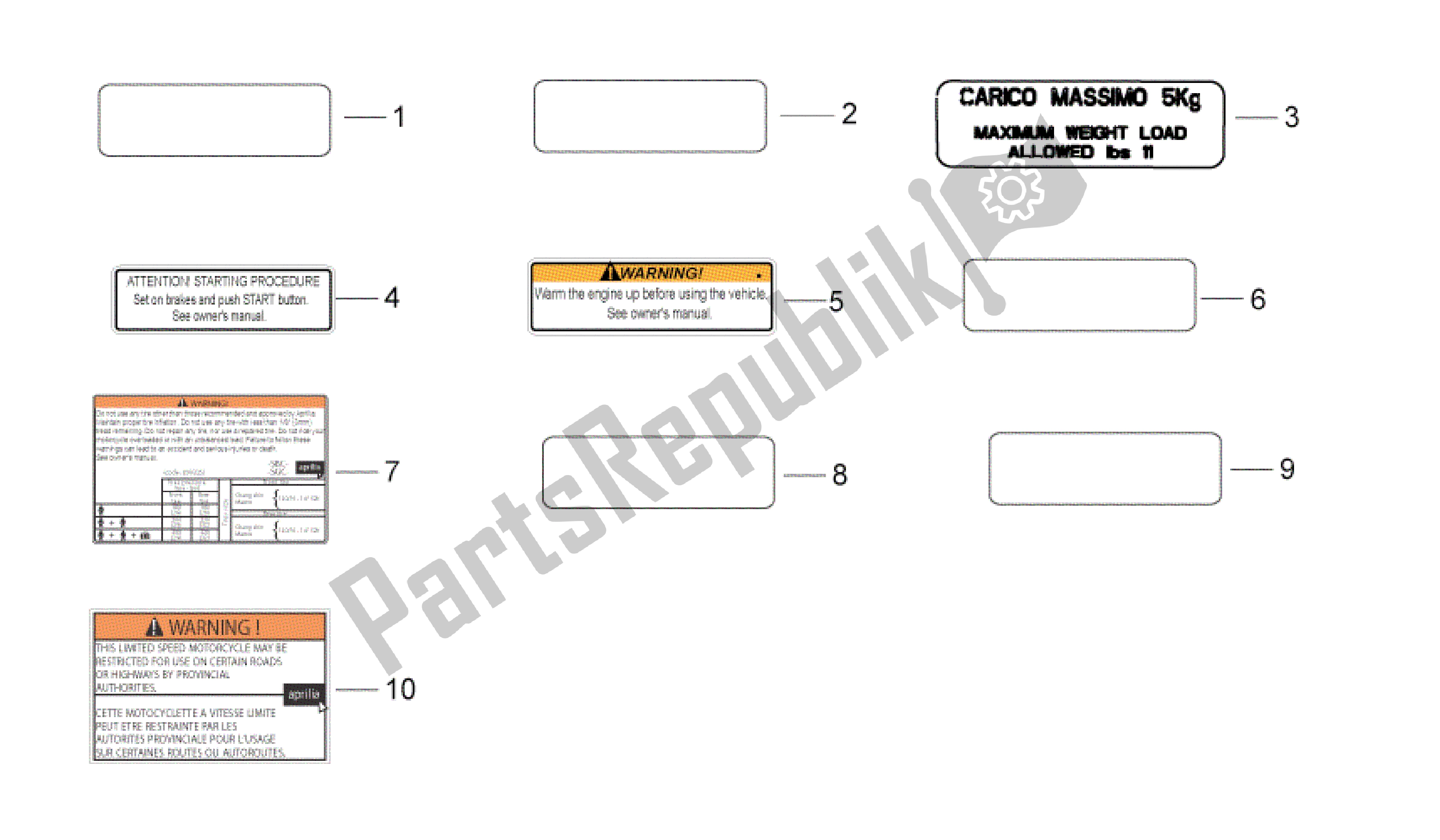 All parts for the Technical Decal of the Aprilia Sport City 50 2011