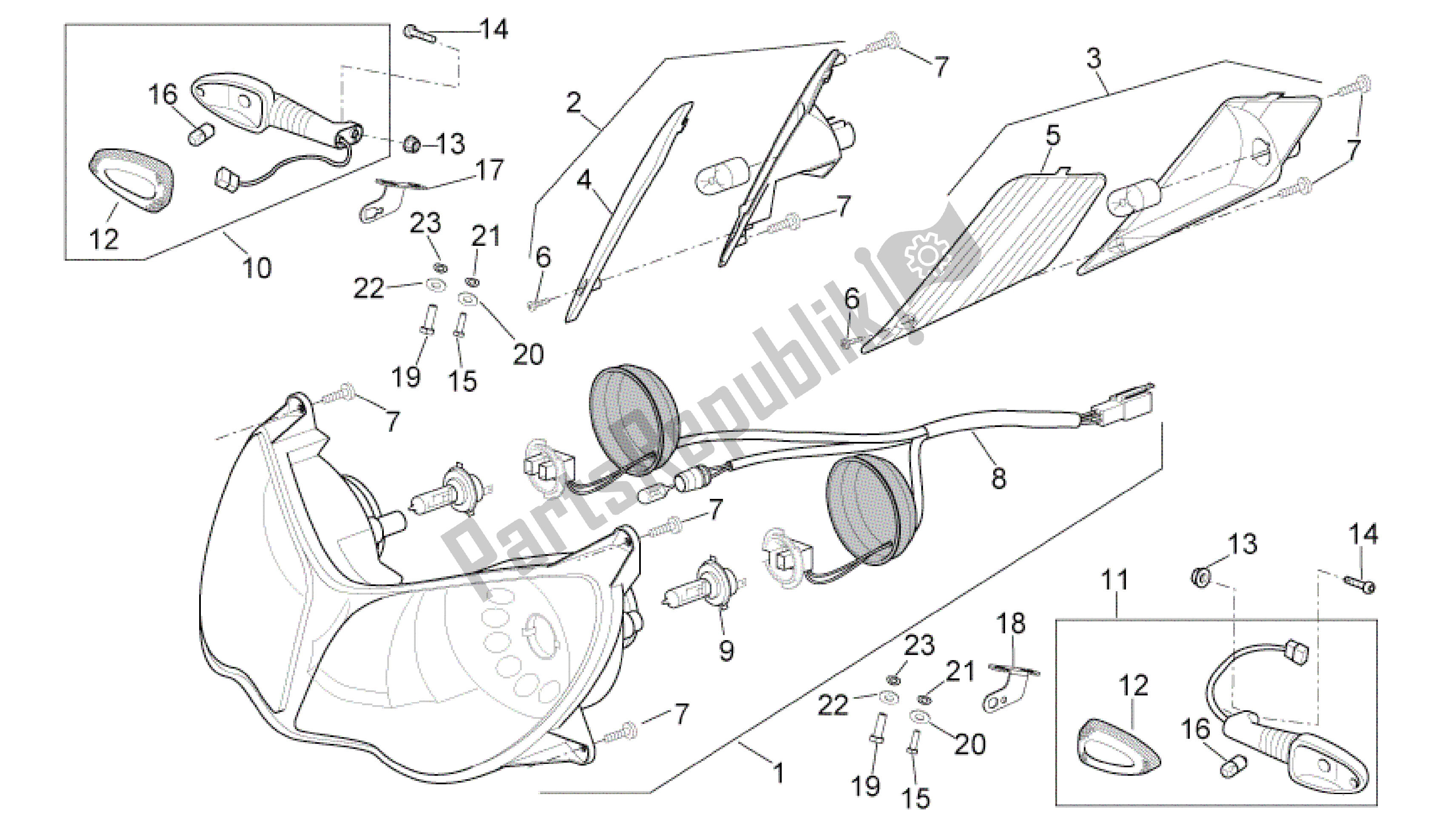 All parts for the Headlight of the Aprilia Sport City 250 2008 - 2010