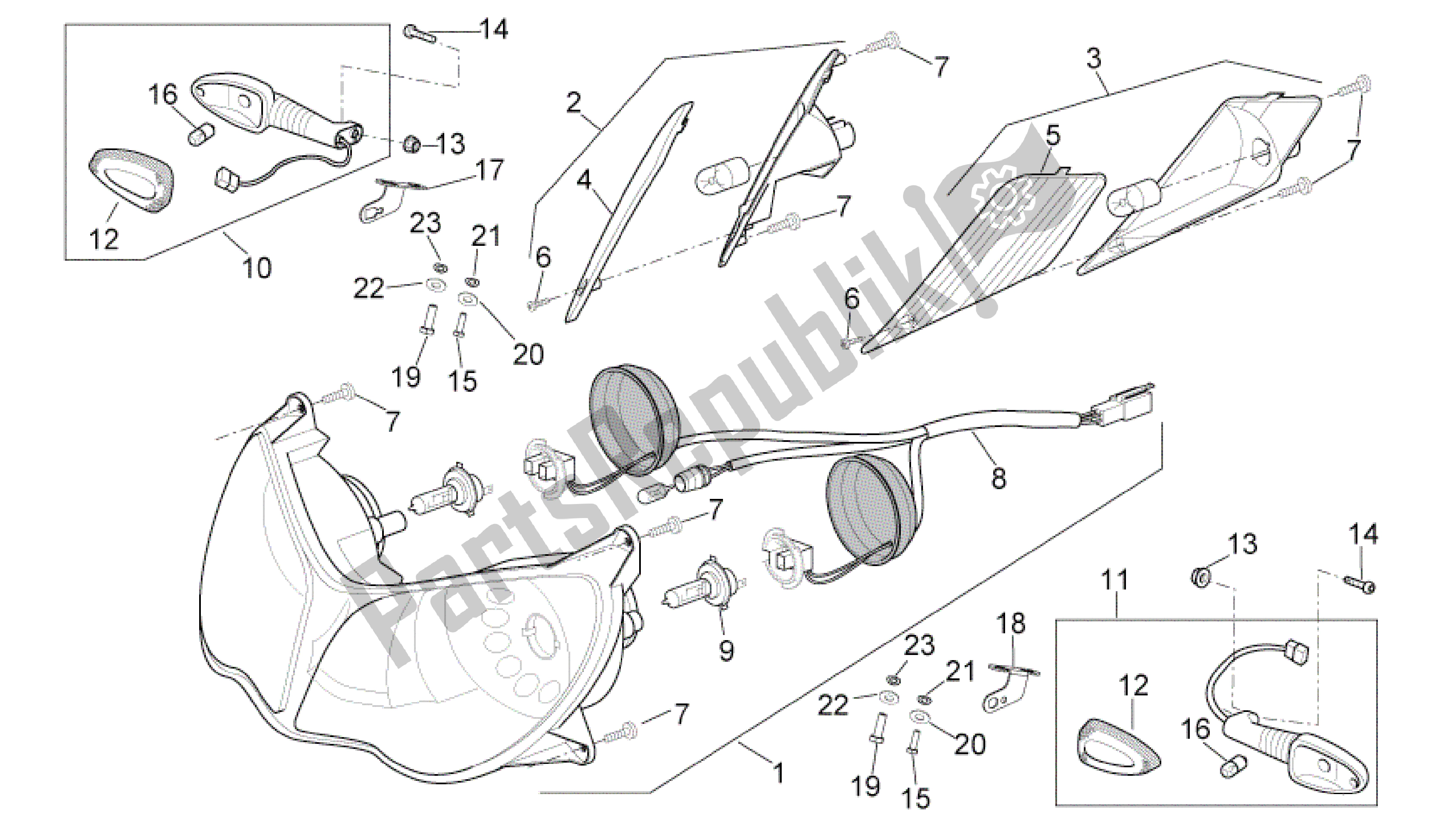 All parts for the Headlight of the Aprilia Sport City 300 2008 - 2010