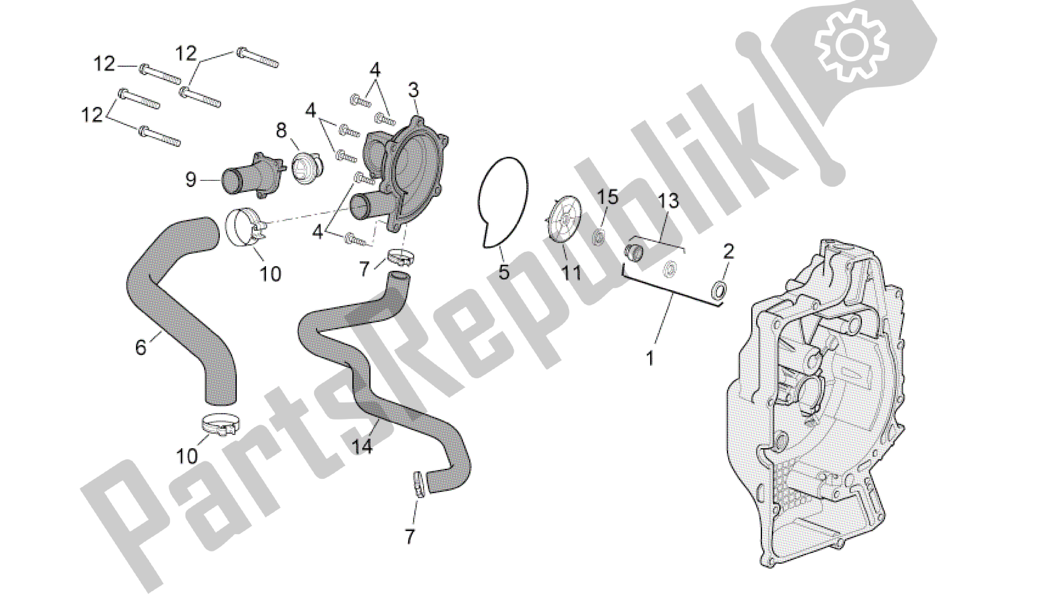 All parts for the Water Pump (internal Thermostat) of the Aprilia Atlantic 500 2001 - 2004