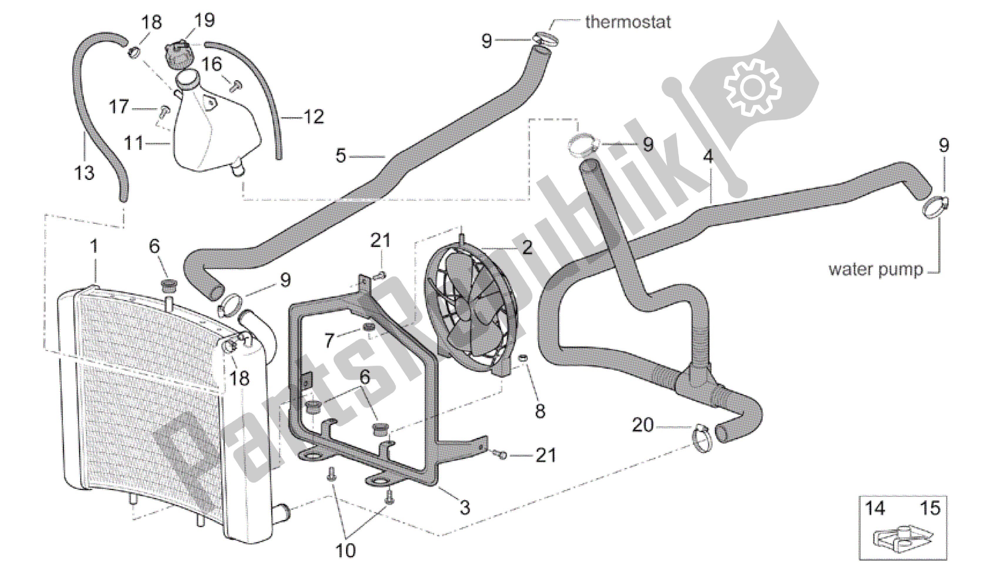 Alle onderdelen voor de Waterkoeler van de Aprilia Scarabeo 500 2003 - 2006