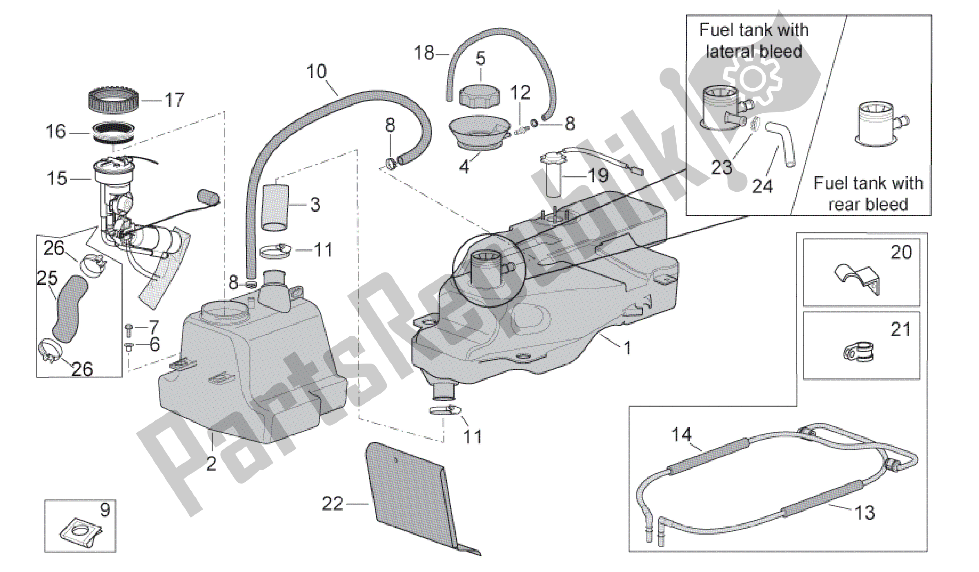 Alle onderdelen voor de Benzinetank van de Aprilia Scarabeo 500 2003 - 2006