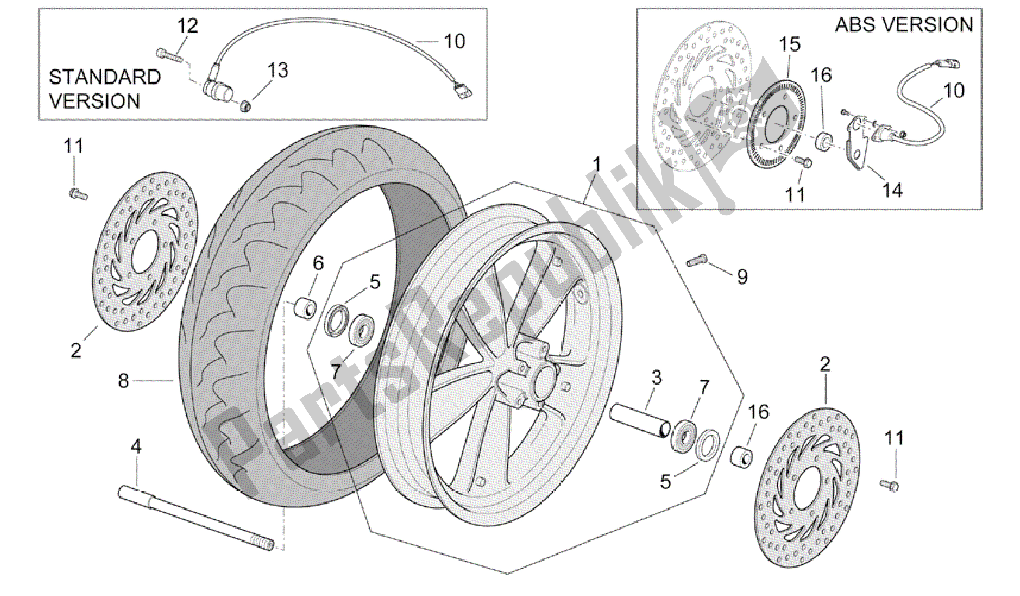 All parts for the Front Wheel of the Aprilia Scarabeo 500 2003 - 2006