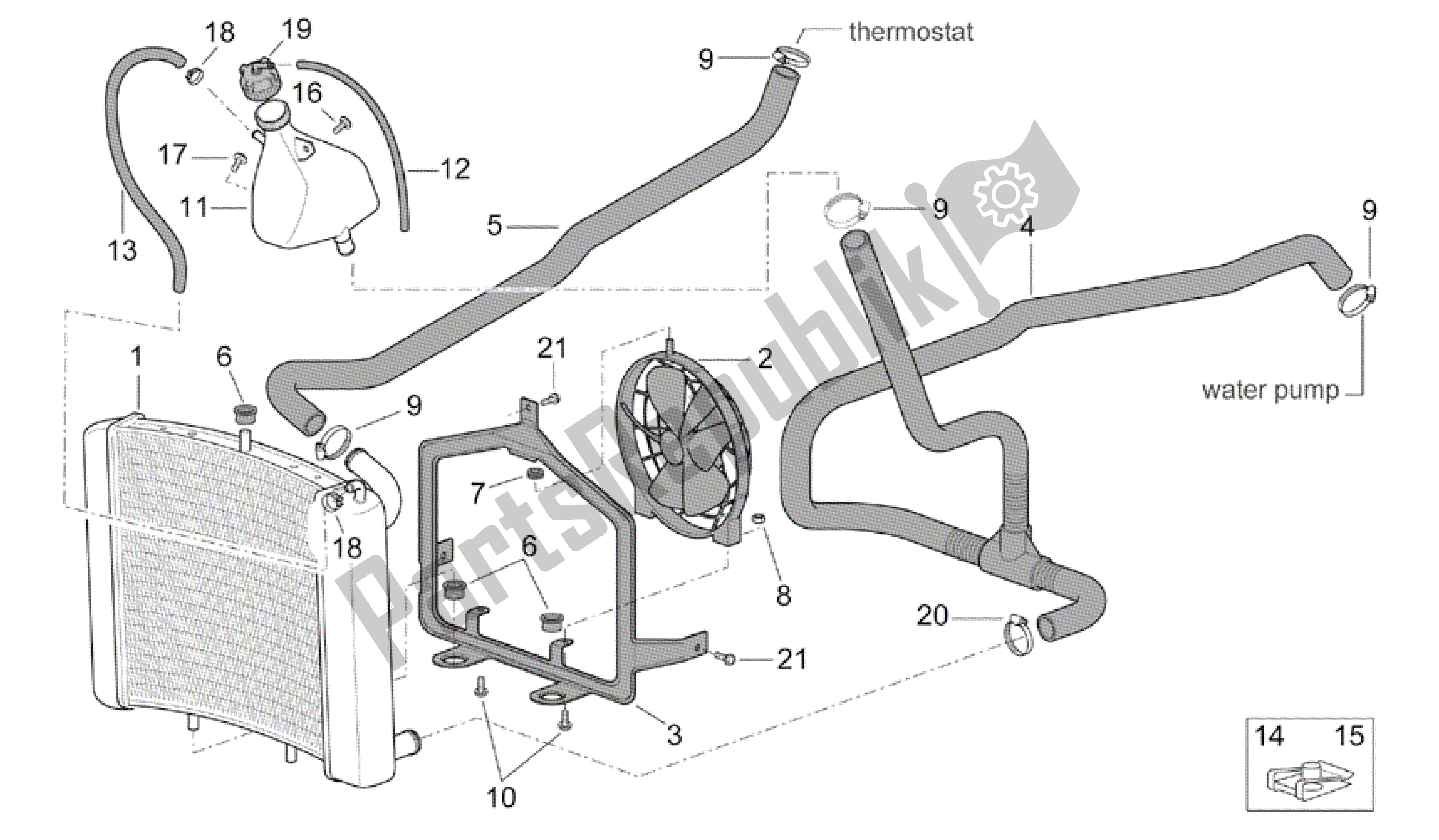 Alle onderdelen voor de Waterkoeler van de Aprilia Scarabeo 500 2003 - 2006