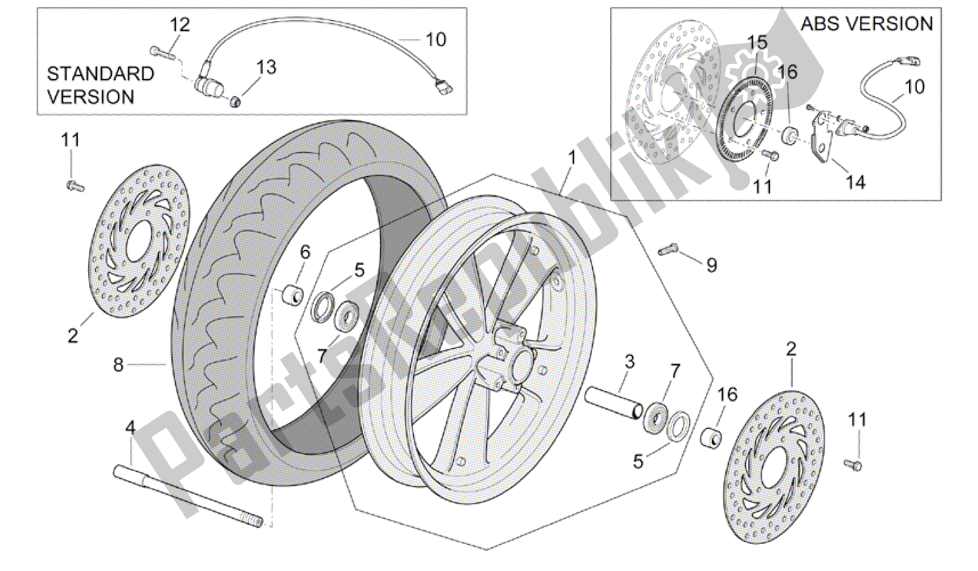 All parts for the Front Wheel of the Aprilia Scarabeo 500 2003 - 2006