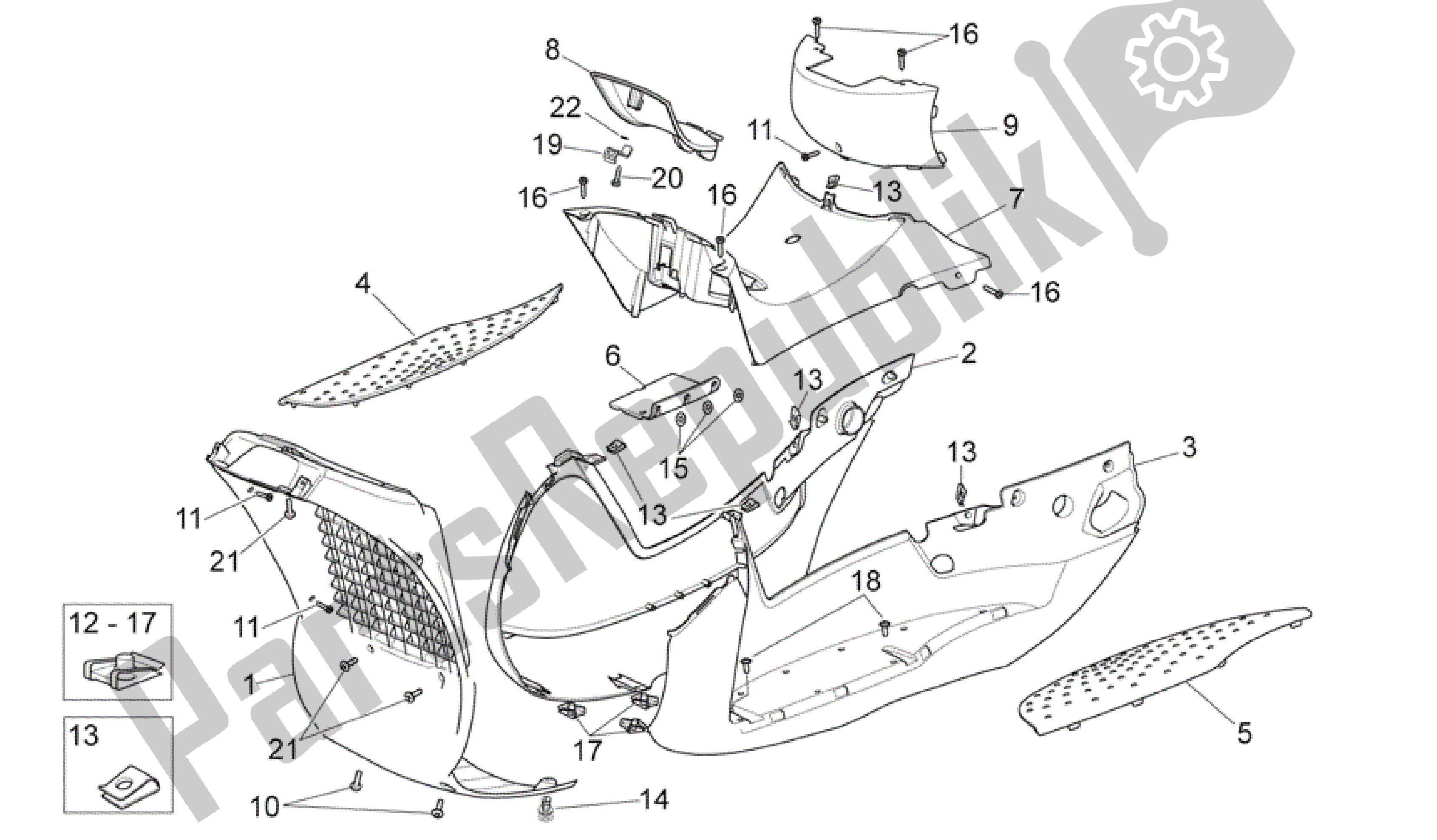 Toutes les pièces pour le Corps Central du Aprilia Scarabeo 400 2006 - 2008