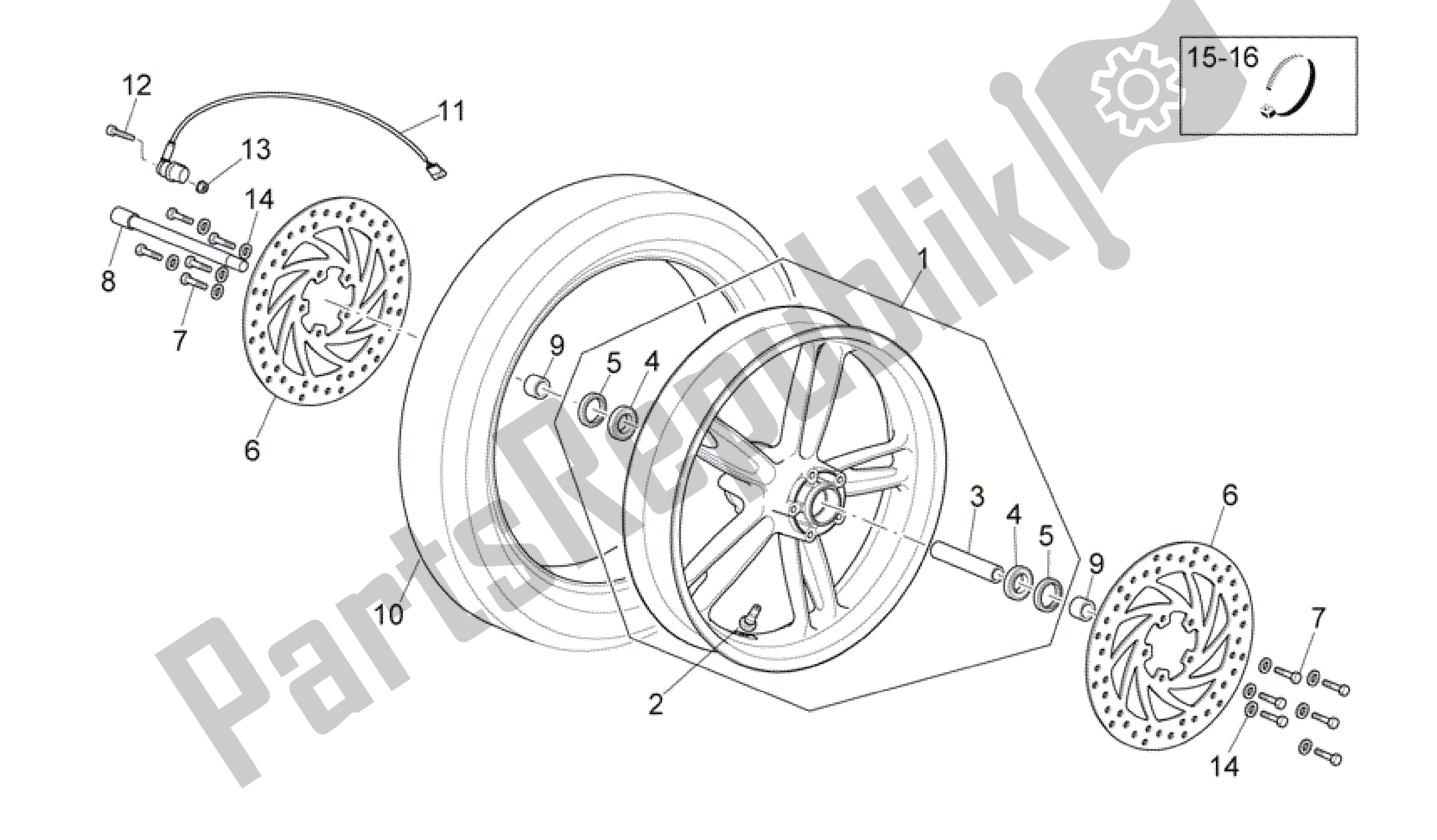 All parts for the Front Wheel of the Aprilia Scarabeo 400 2006 - 2008