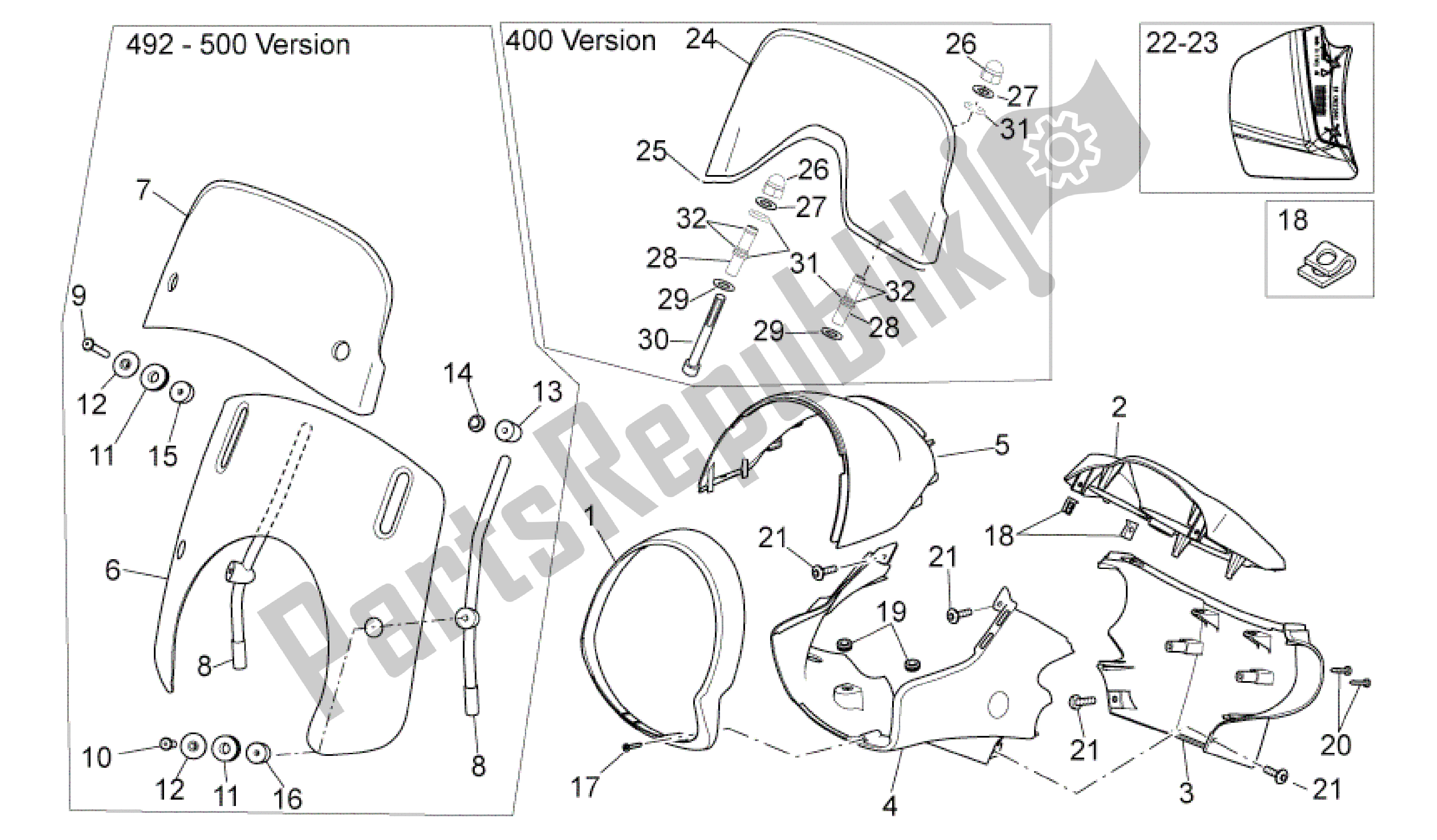 All parts for the Front Fairing of the Aprilia Scarabeo 492 2006 - 2008