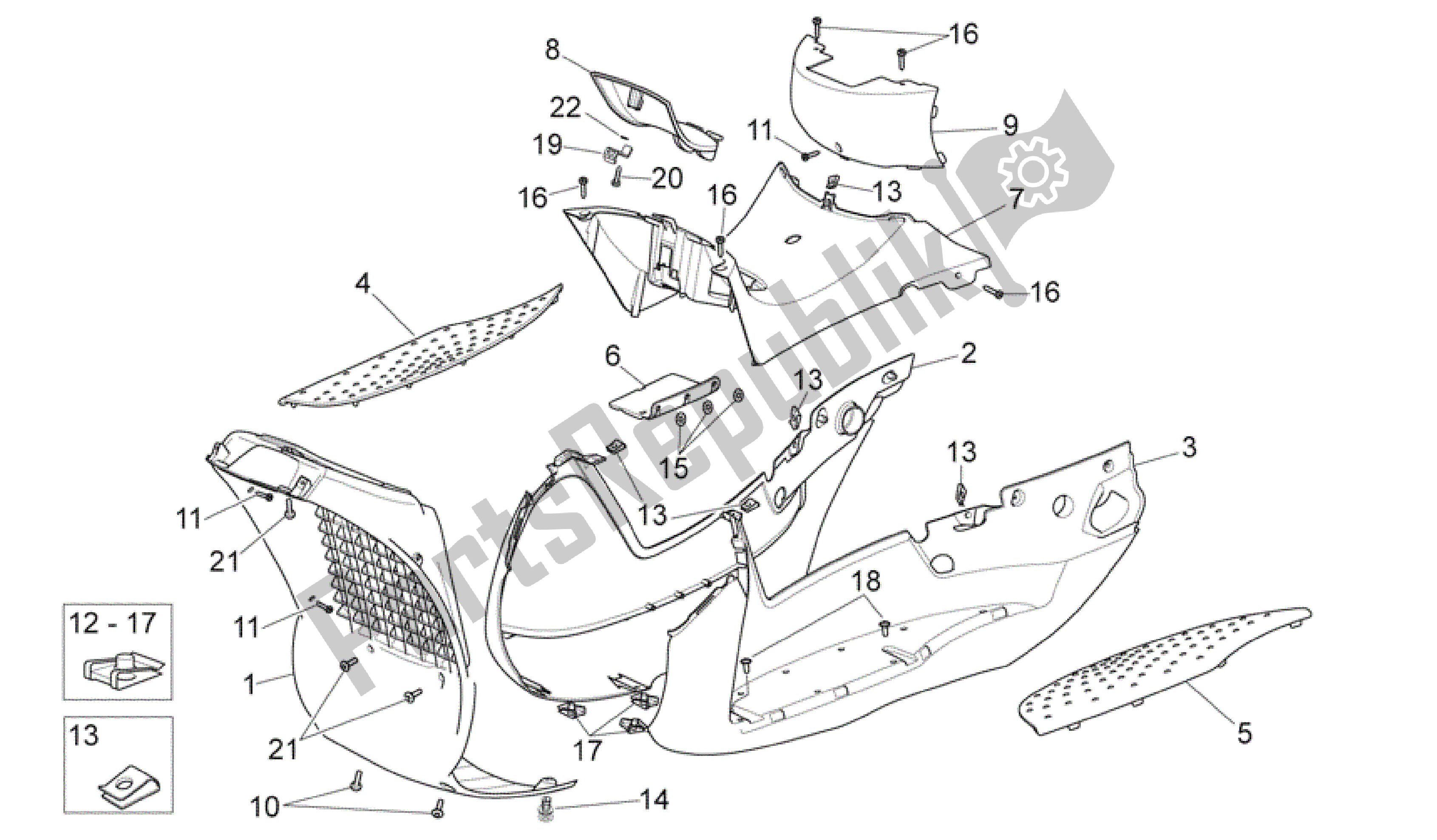 All parts for the Central Body of the Aprilia Scarabeo 492 2006 - 2008