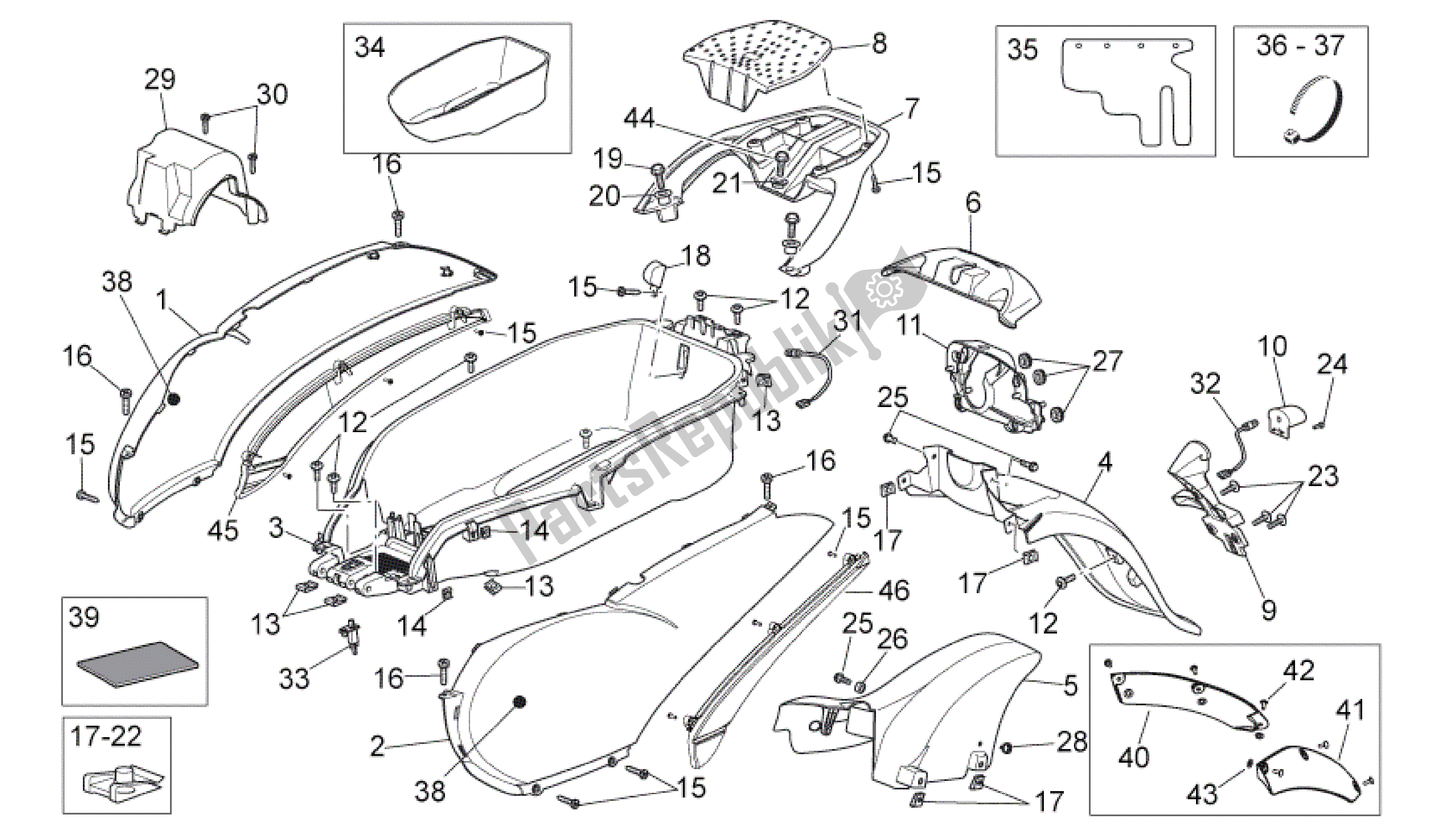 Alle onderdelen voor de Achterlichaam van de Aprilia Scarabeo 492 2006 - 2008