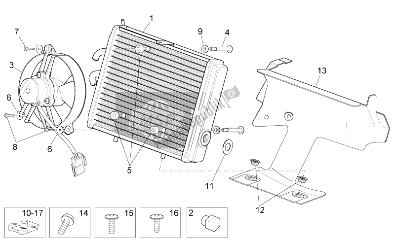 All parts for the Water Cooler of the Aprilia Sport City Street 300 4T 4V E3 2012