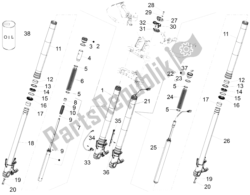 All parts for the Front Fork of the Aprilia Caponord 1200 Rally 2015