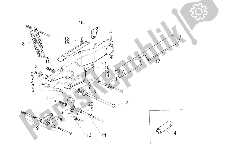 All parts for the Swing Arm of the Aprilia AF1 Futura 125 1990