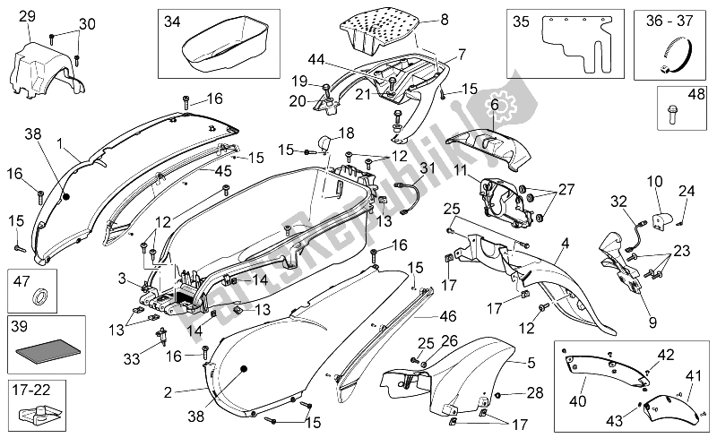 Alle onderdelen voor de Achterlichaam van de Aprilia Scarabeo 250 Light E3 2006