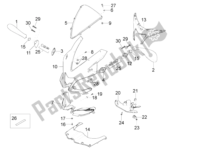 All parts for the Front Fairing of the Aprilia RS4 125 4T 2011