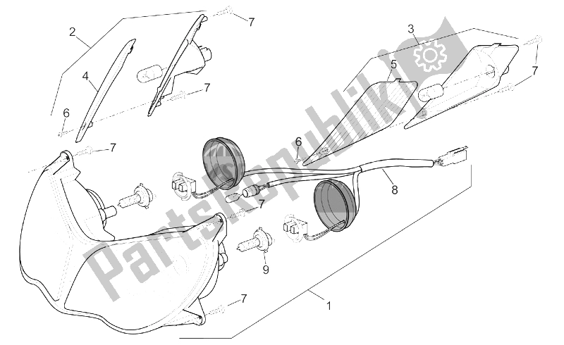 All parts for the Headlight of the Aprilia Sport City 125 200 E2 2004