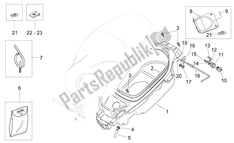 Toutes les pièces pour le Compartiment Pour Casque du Aprilia Mojito 125 E3 2008