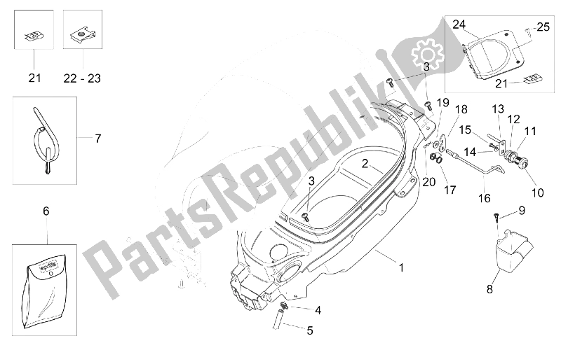 Toutes les pièces pour le Compartiment Pour Casque du Aprilia Mojito 125 1999