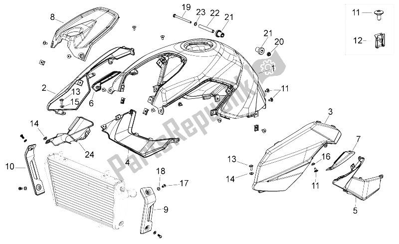 All parts for the Central Body of the Aprilia Shiver 750 2007