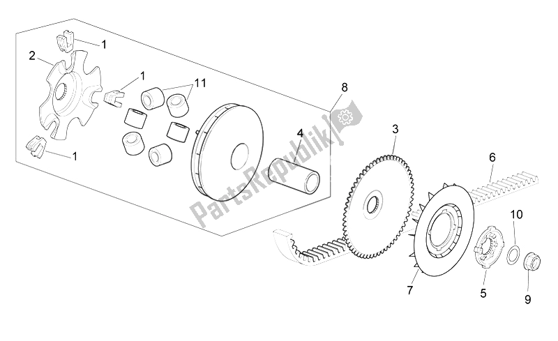 All parts for the Variator of the Aprilia Scarabeo 100 4T E3 2006