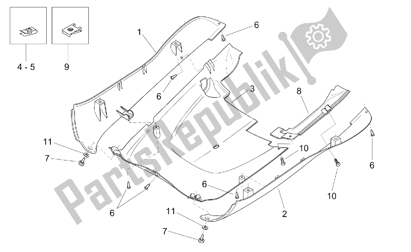 All parts for the Central Body - Underpanel of the Aprilia Mojito 125 150 2003