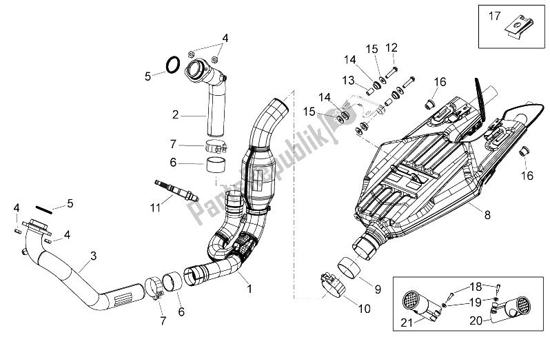All parts for the Exhaust Unit of the Aprilia Shiver 750 2007
