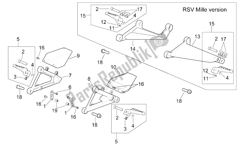 All parts for the Foot Rests of the Aprilia RSV Mille 1000 2000