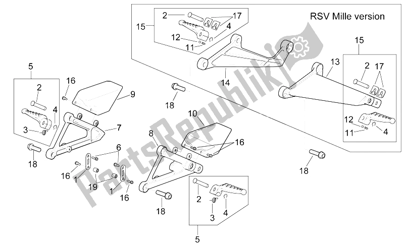 All parts for the Foot Rests of the Aprilia RSV Mille 1000 2000