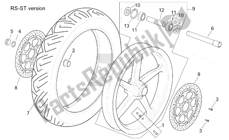 All parts for the St-rs Version Front Wheel of the Aprilia RSV Tuono 1000 2002