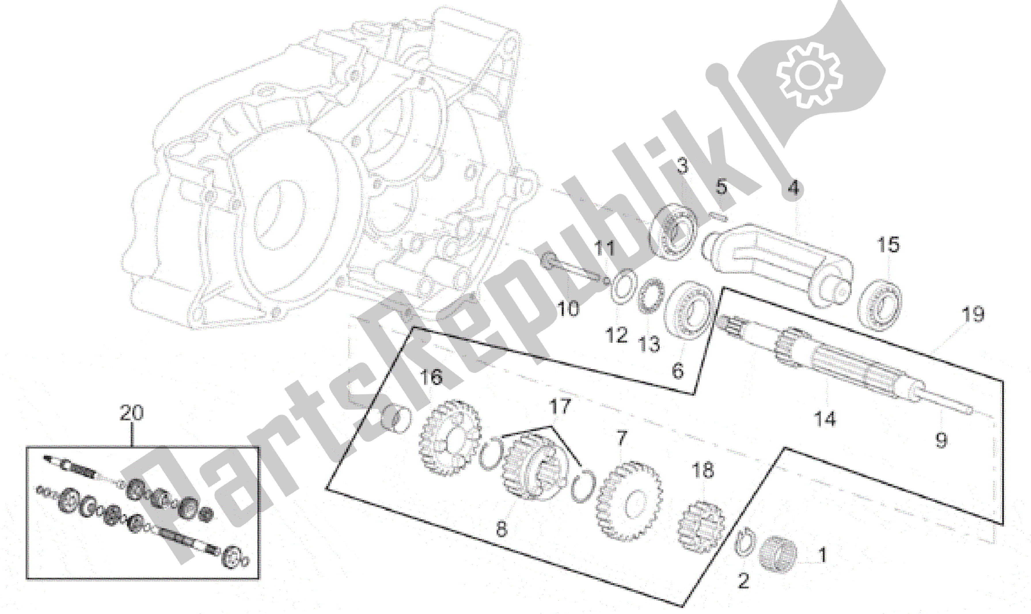 All parts for the Primary Gear Shaft 5 Speed of the Aprilia Minarelli 50 1991 - 2000