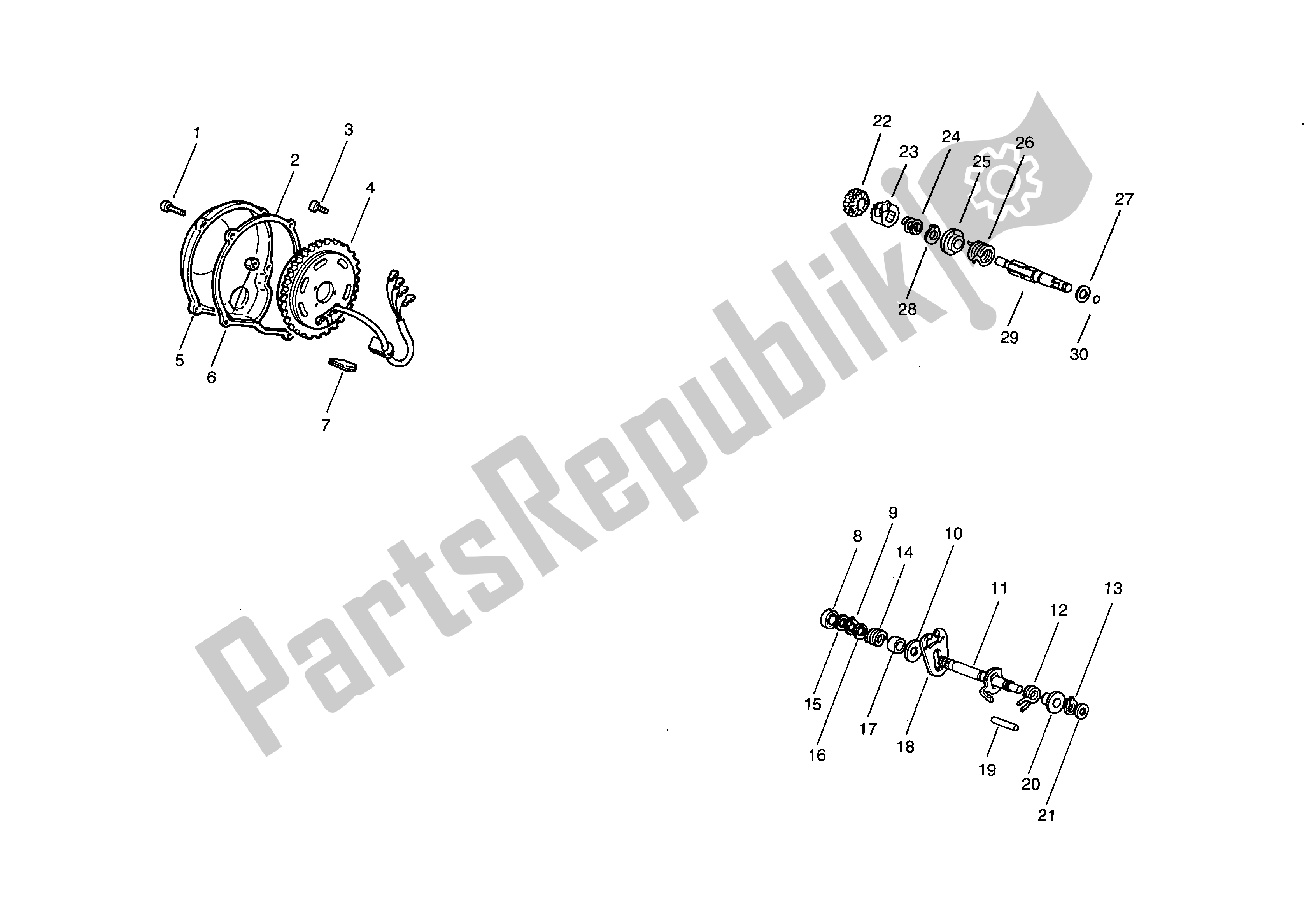 All parts for the Flywheel Cover - Flywheel - Kick Start - Selector of the Aprilia Minarelli 50 1991 - 2000