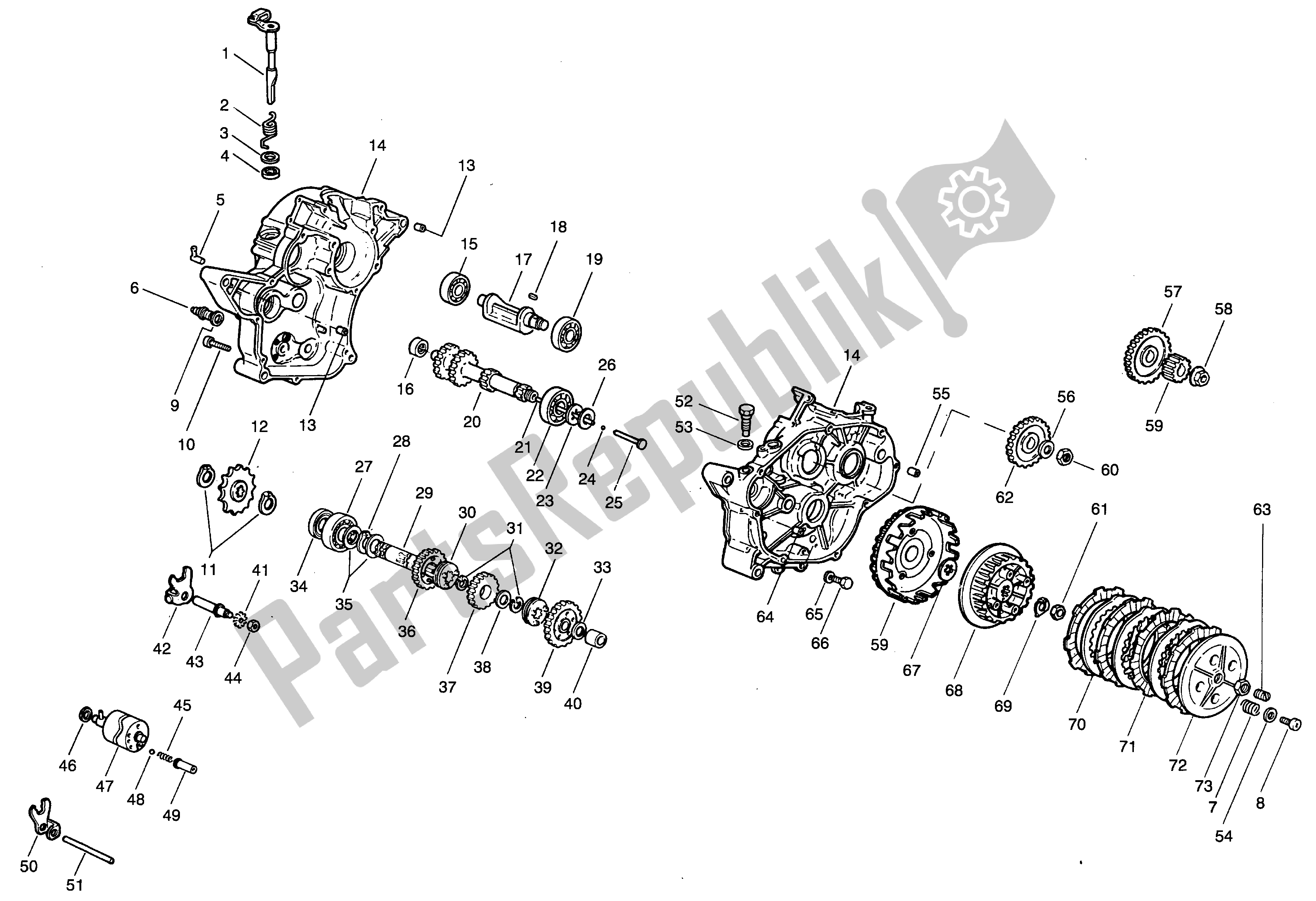 All parts for the Crankcase - Clutch - Trasmission of the Aprilia Minarelli 50 1991 - 2000