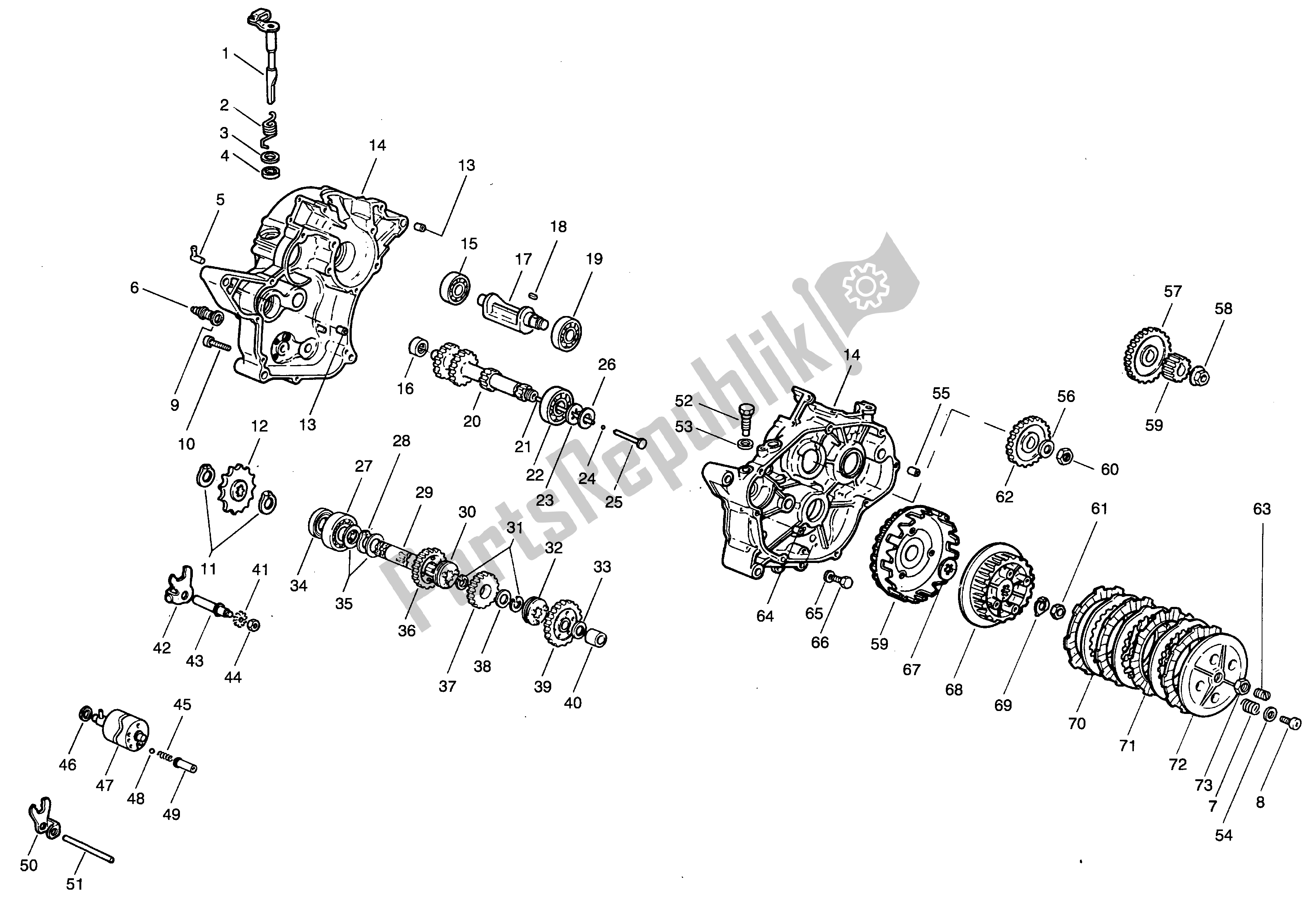 Todas as partes de Cárter - Embreagem - Transmissão do Aprilia Minarelli 50 1991 - 2000