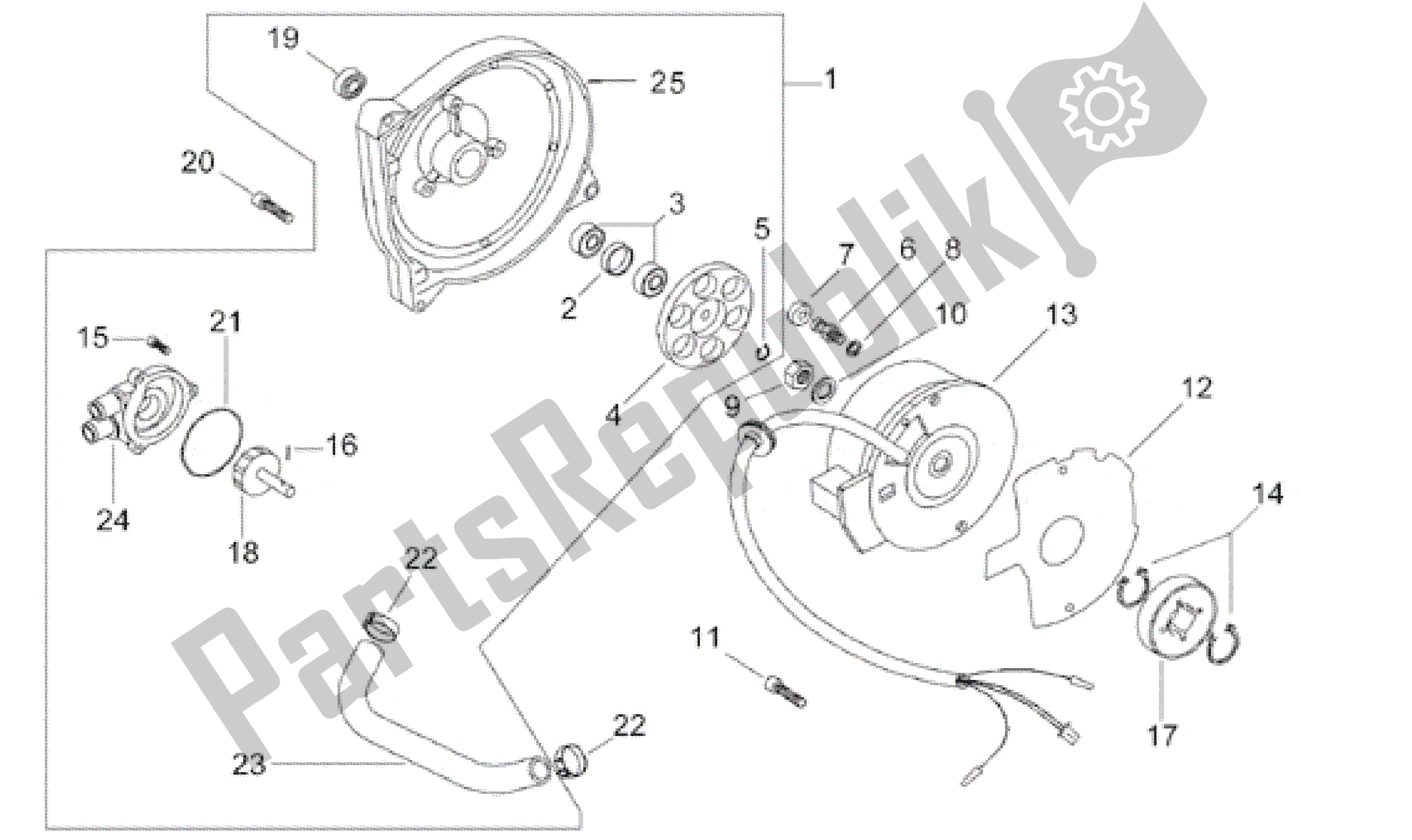 All parts for the Flywheel - Water Pump of the Aprilia Gulliver 50 1996 - 1998