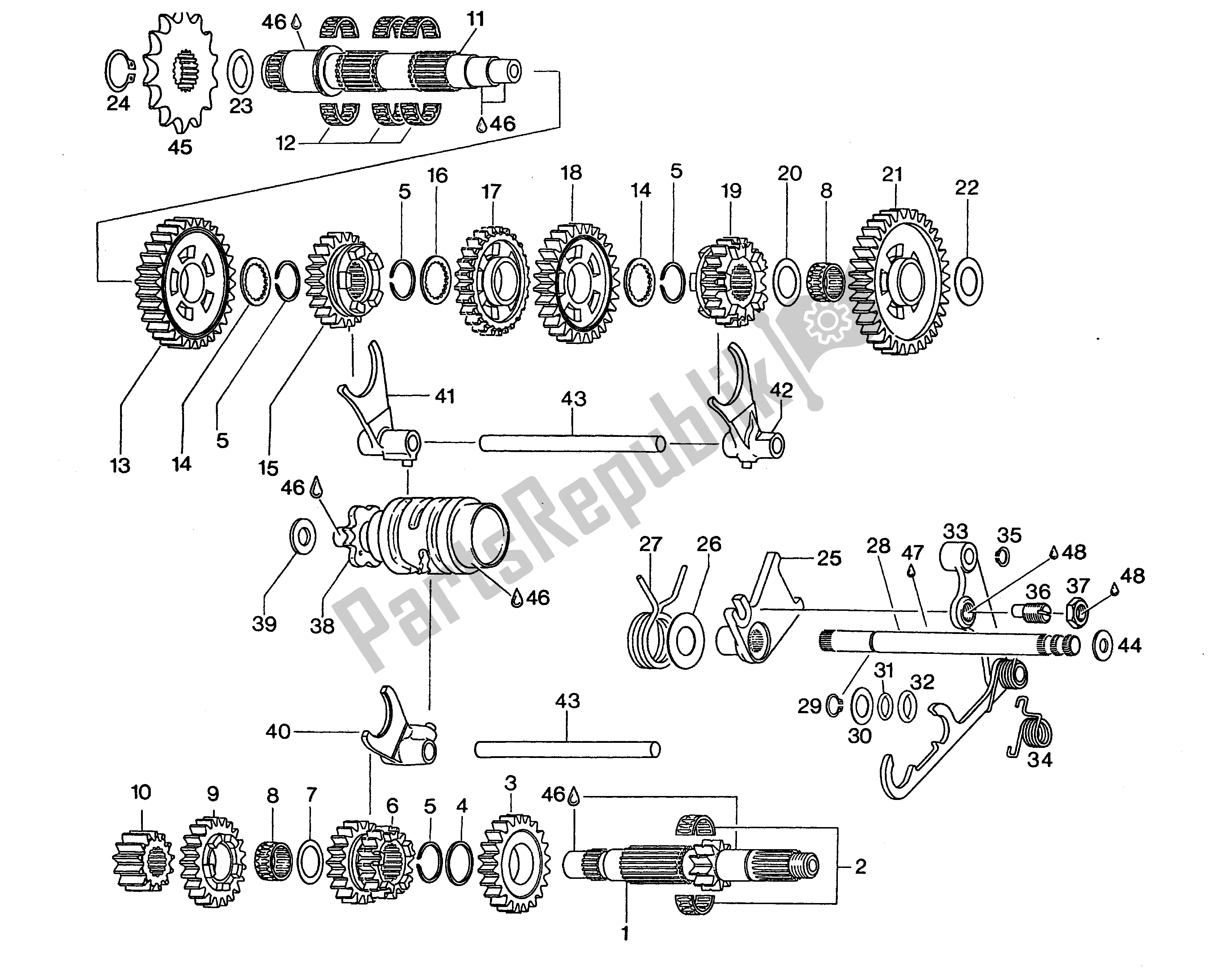 All parts for the 6-speed Transmission of the Aprilia Climber 280 1990