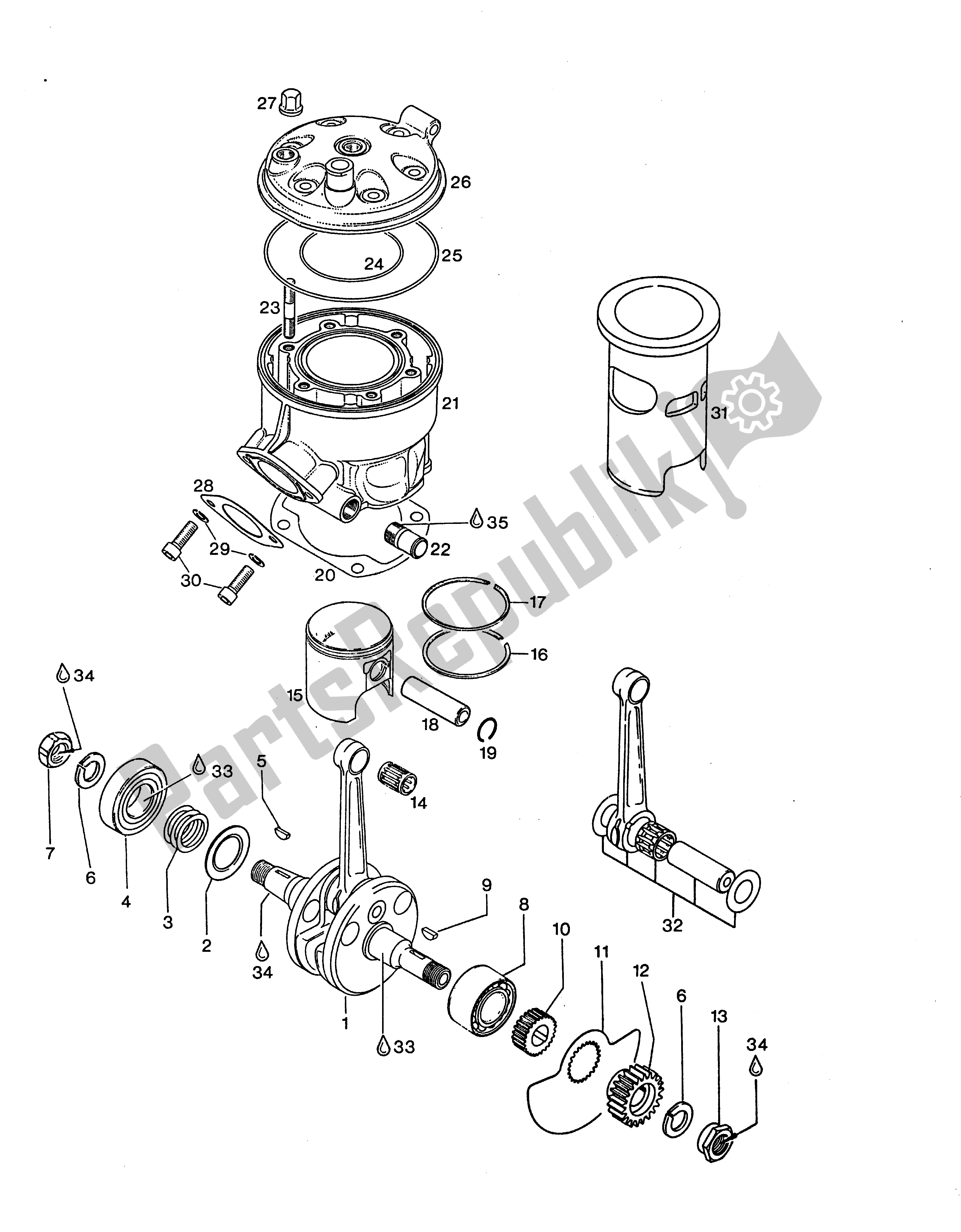 Alle onderdelen voor de Krukas, Zuiger, Cilinder, Cilinderkop van de Aprilia Climber 280 1990