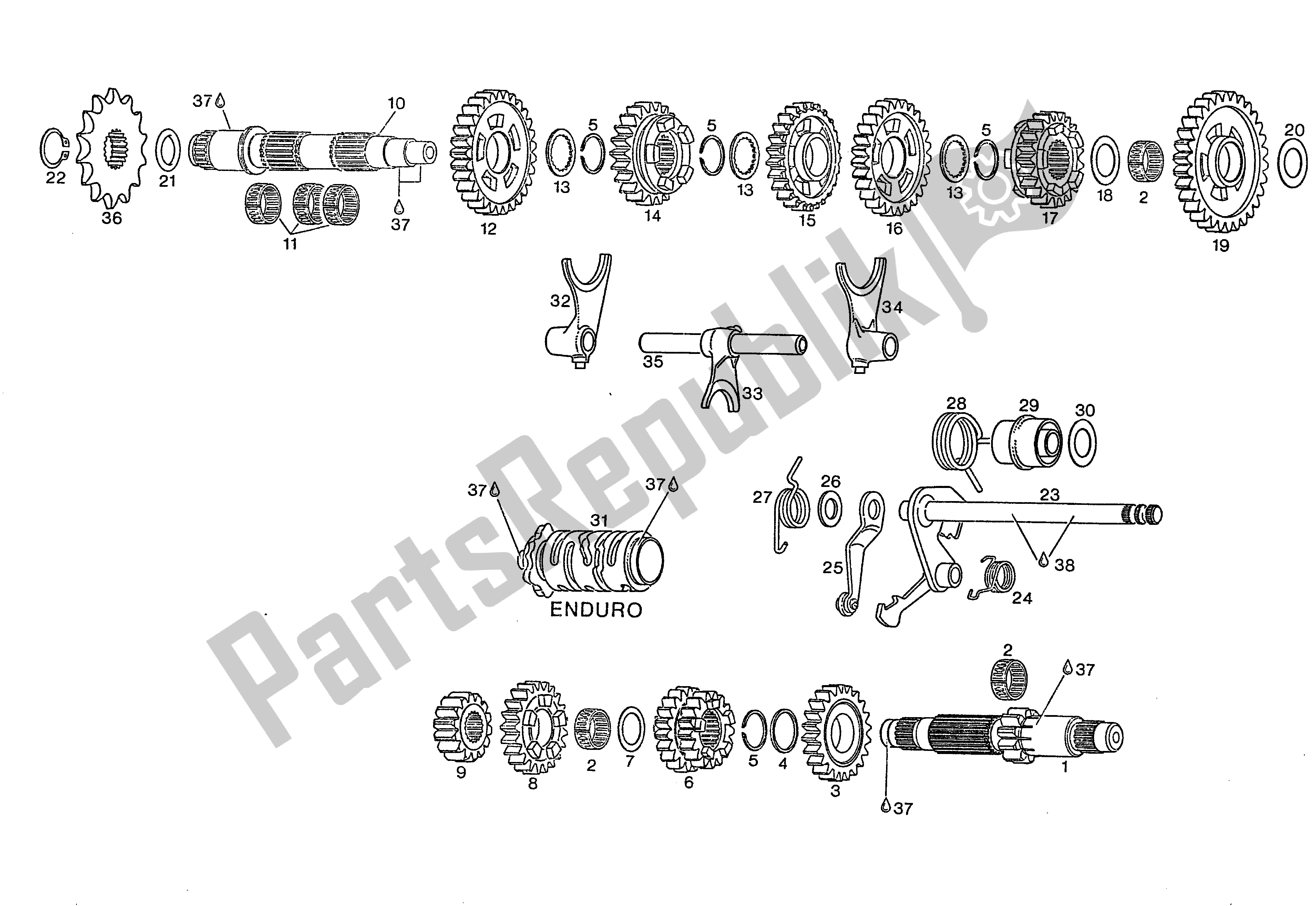 All parts for the 6-speed Transmission, For 123 Strada of the Aprilia Rotax 123 125 1990 - 2000