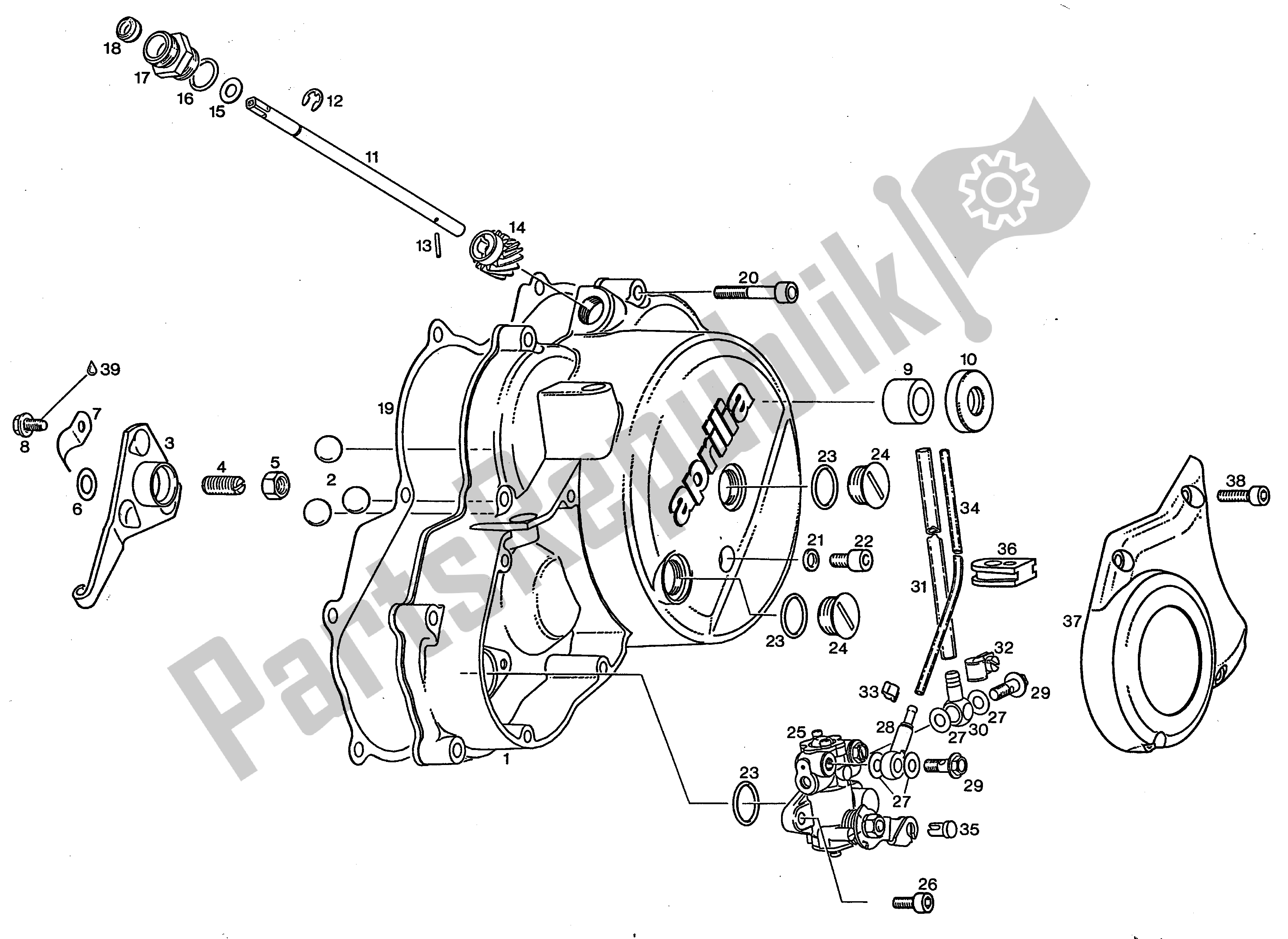 All parts for the Kupplungsdeckel, Mech. Drehzaehler, Oelpumpe Clutch Cover, Mech. Revolution Counter, Oil Pump of the Aprilia Rotax 123 125 1990 - 2000
