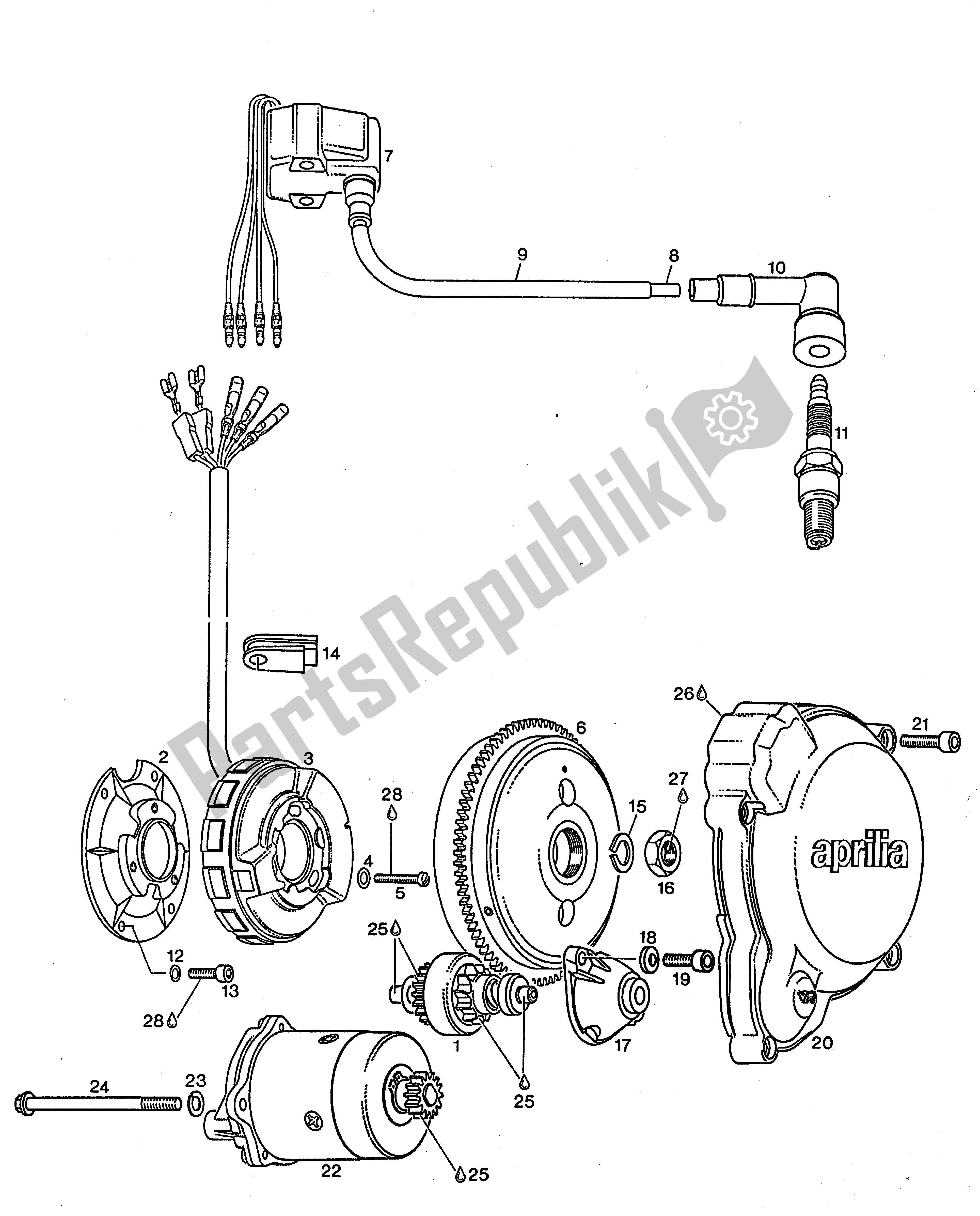 Toutes les pièces pour le Générateur Semi-magnéto, Démarreur électrique, Capot D'allumage du Aprilia Rotax 123 125 1990 - 2000