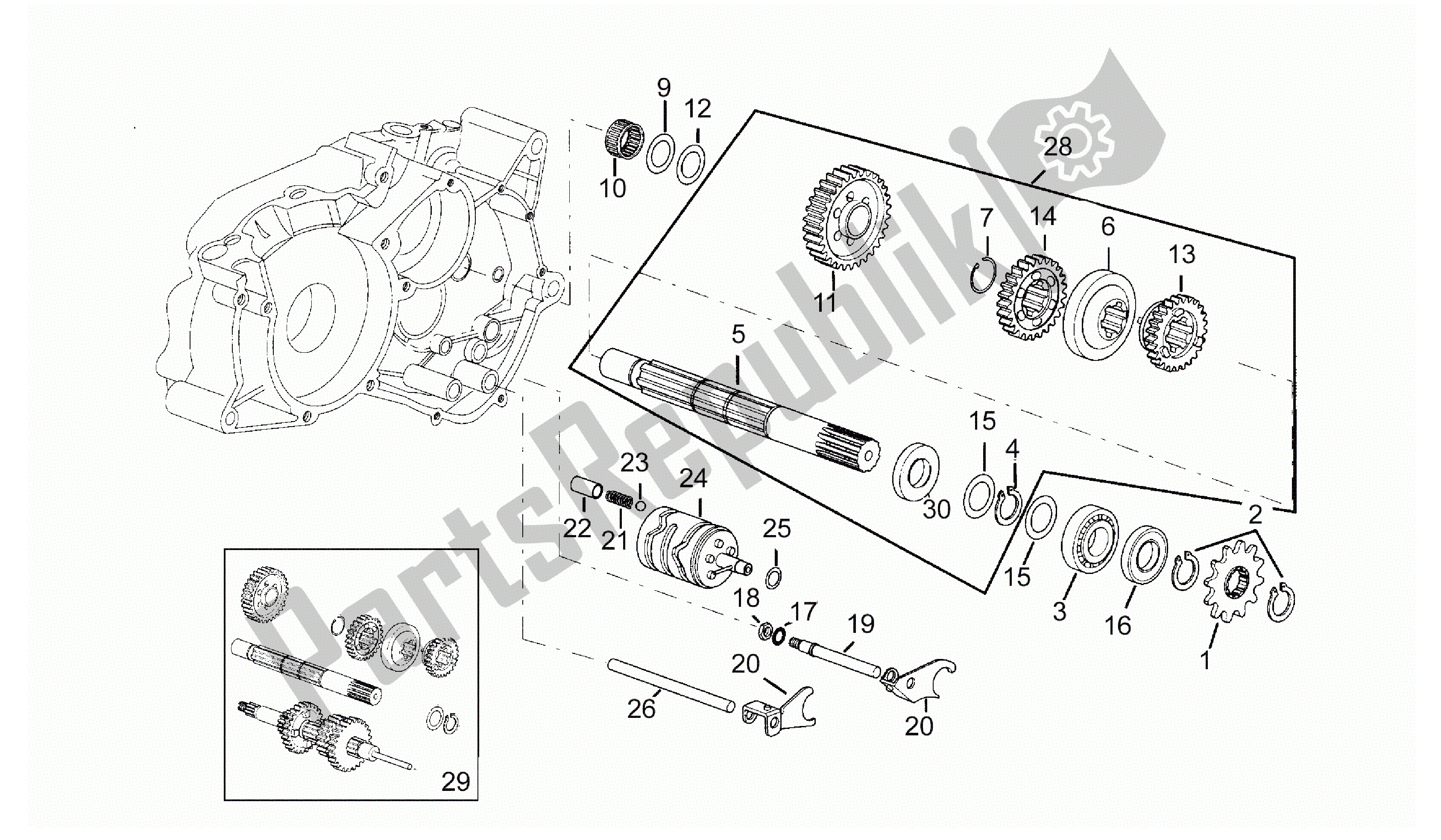 All parts for the Driven Shaft of the Aprilia Minarelli 50 1991 - 2016