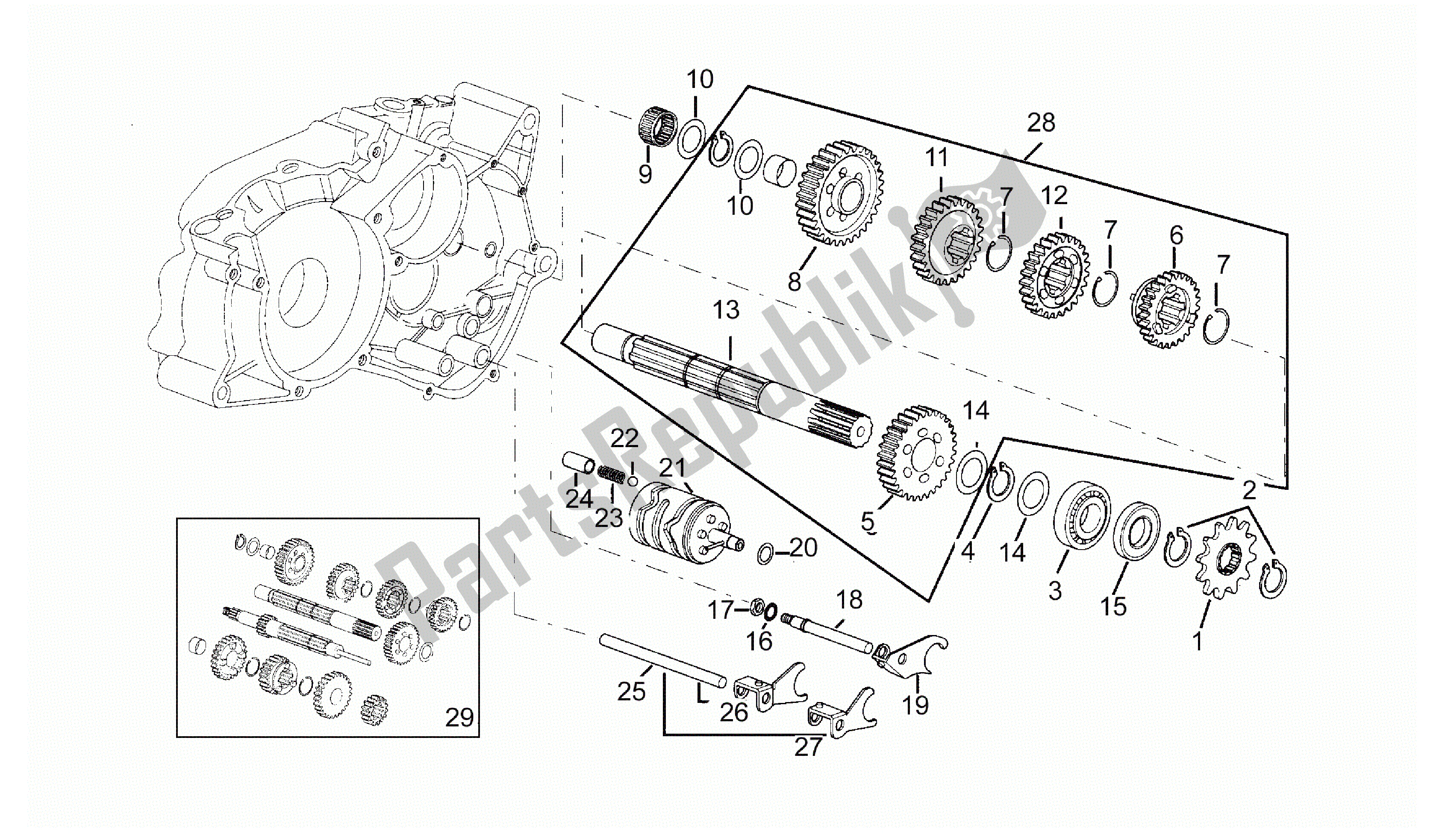 All parts for the Driven Shaft 5 Speed Gearbox of the Aprilia Minarelli 50 1991 - 2016