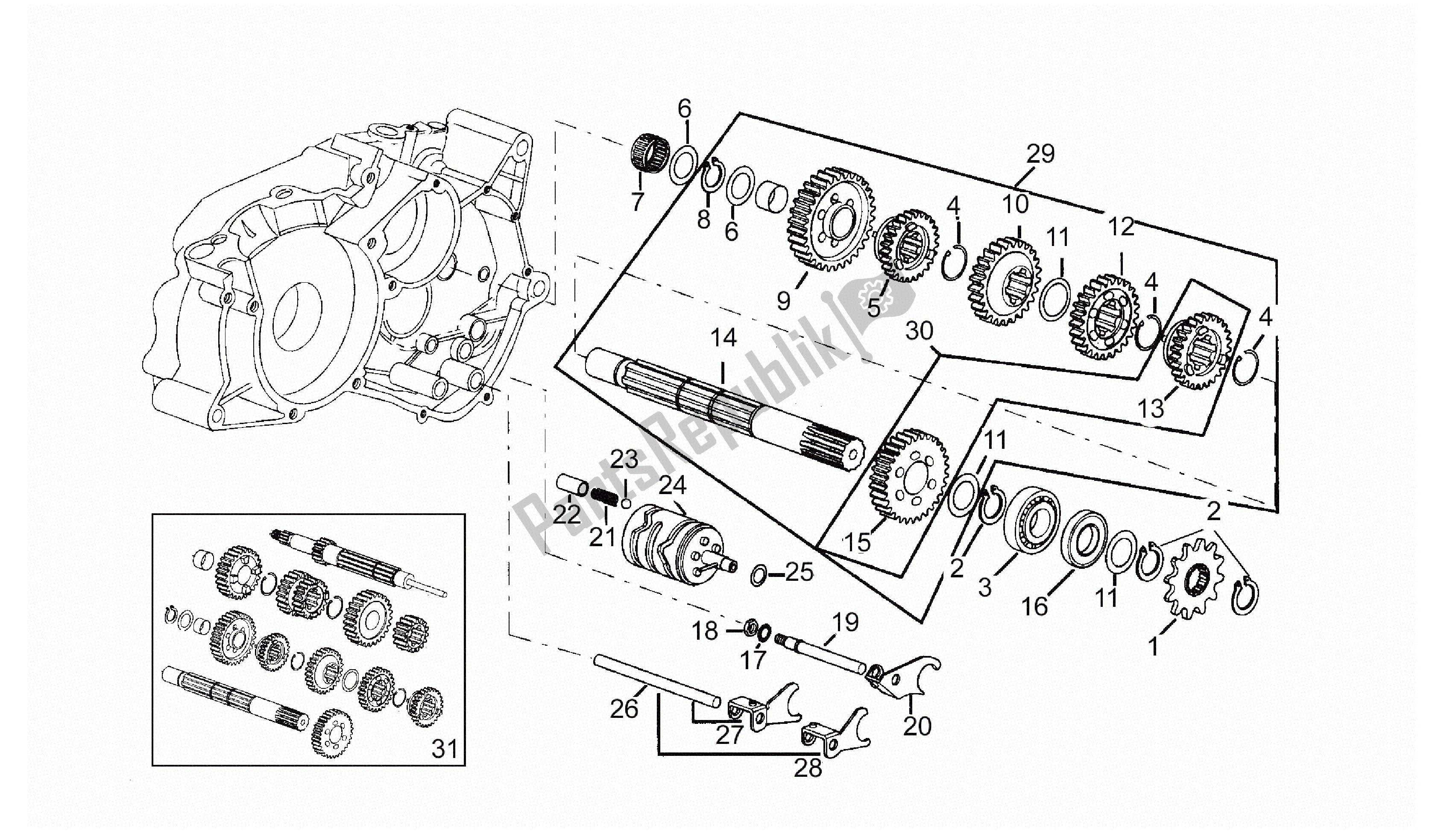 All parts for the Driven Shaft - 6 Gears of the Aprilia Minarelli 50 1991 - 2016