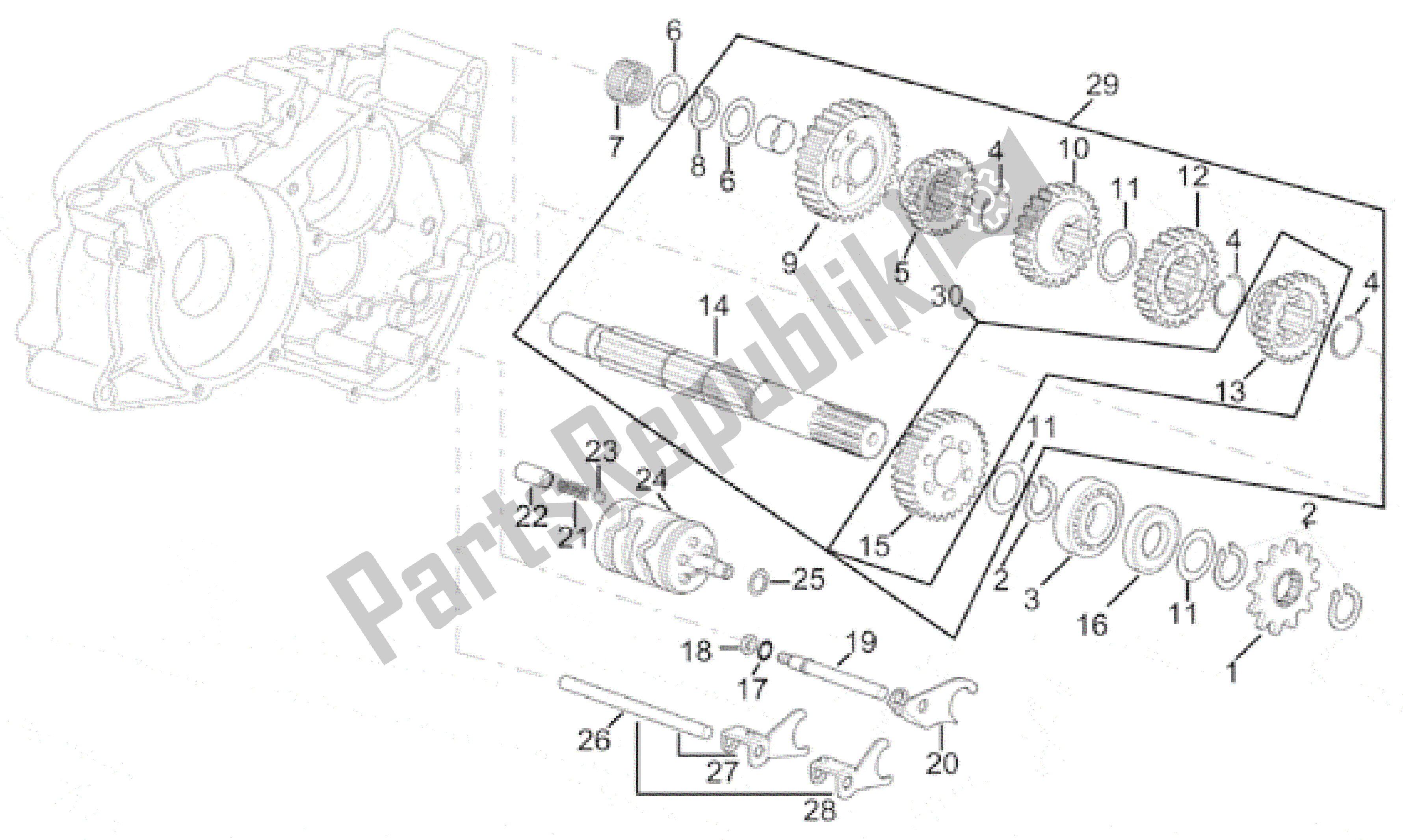 All parts for the Gearbox Driven Shaft of the Aprilia RS 50 1996 - 1998