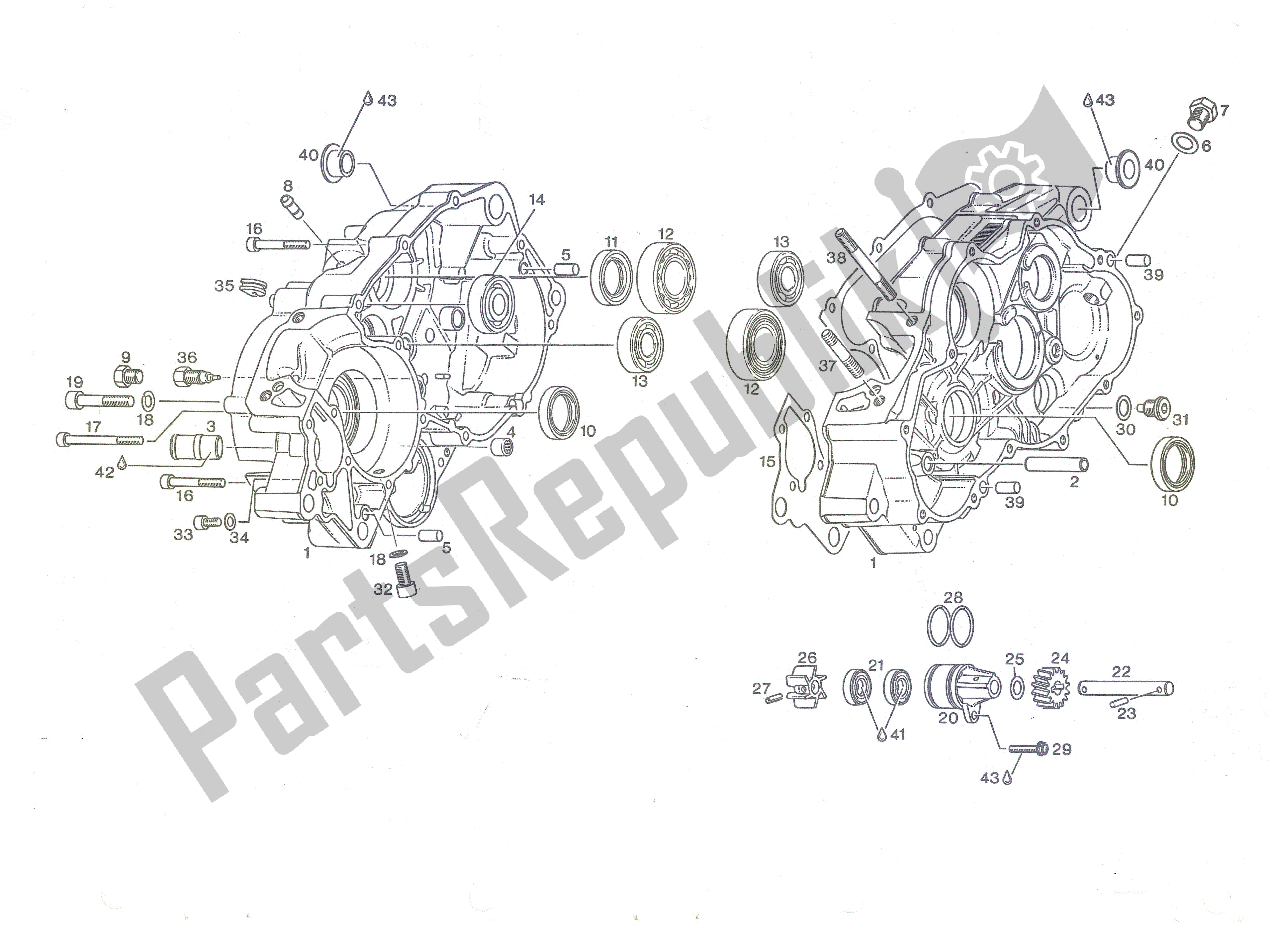 All parts for the Crankcase, Gear Bearings, Water Pump of the Aprilia Rotax 123 125 1991 - 1992