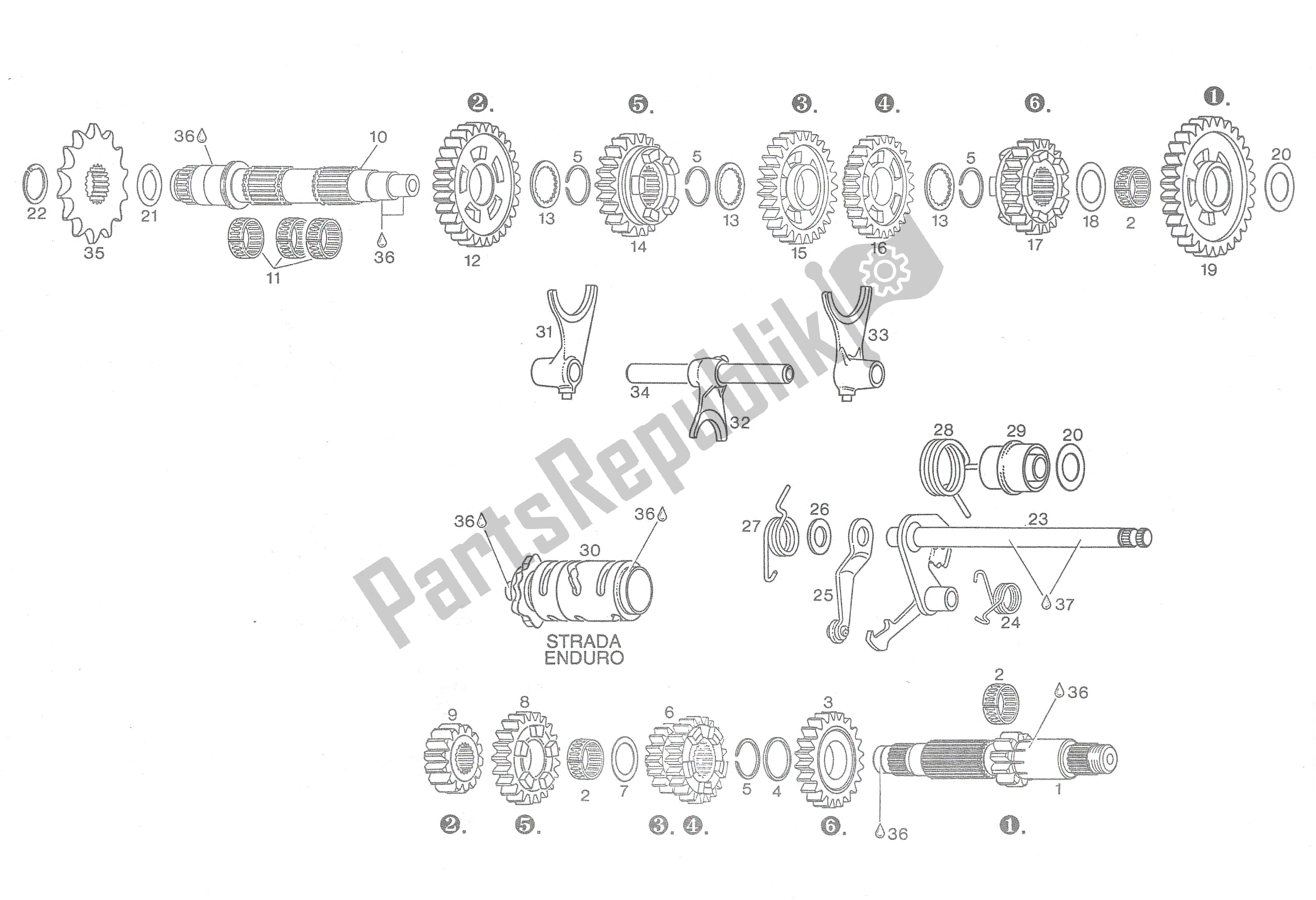 All parts for the 6-speed Transmission, S T R A D A Sport Production of the Aprilia Rotax 123 125 1991 - 1992