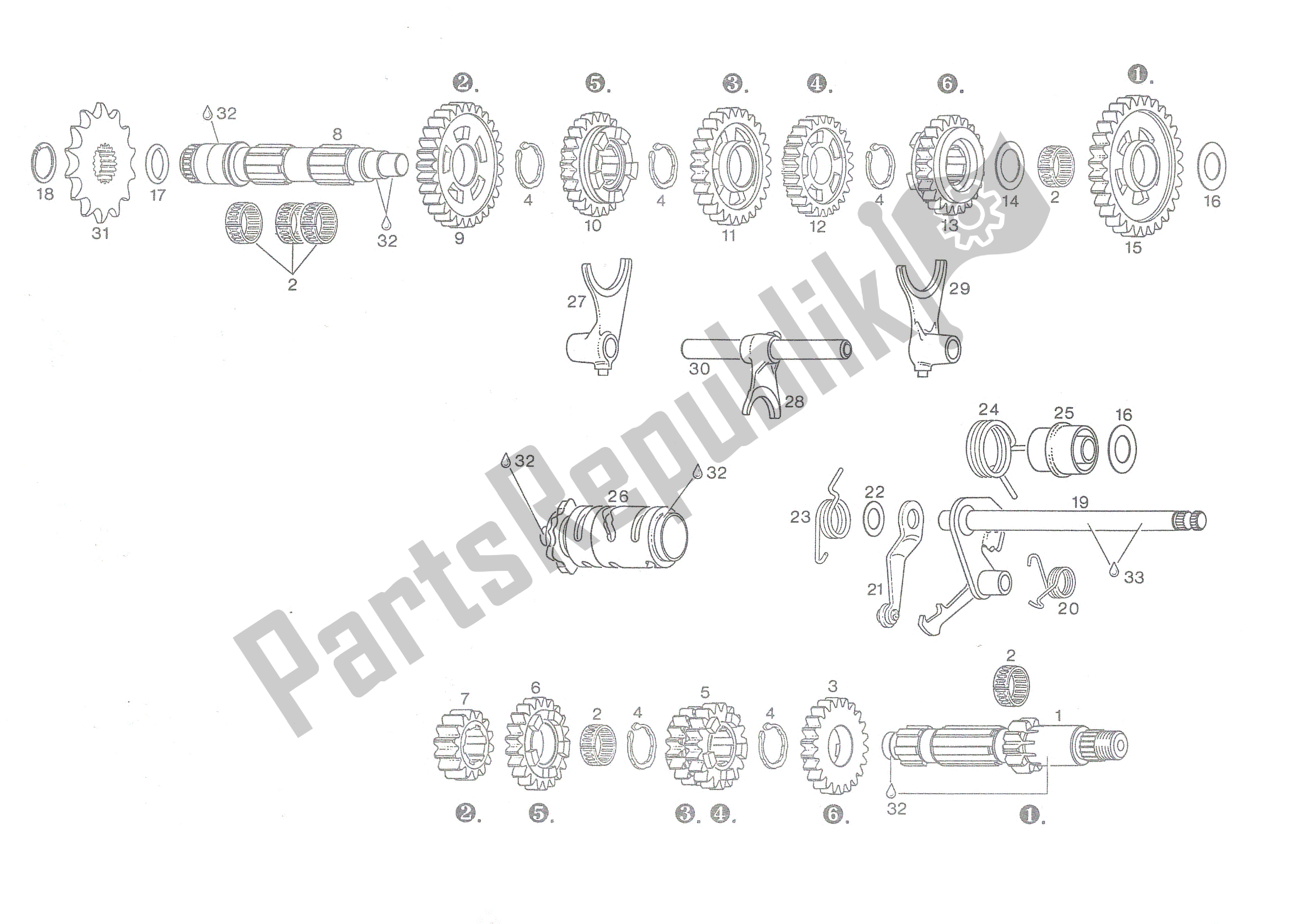 All parts for the 6-speed Transmission, For 123 S T R A D A of the Aprilia Rotax 123 125 1991 - 1992